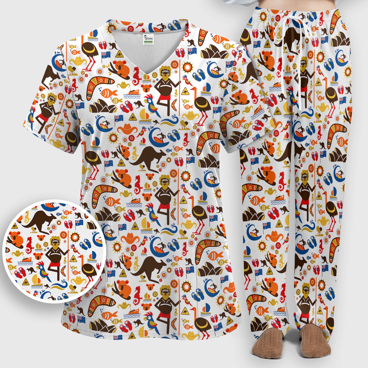 Indigenous Inspired Icon Scrub Set, Australia Culture Pattern Nurse Shirt, Comfortable Scrubs For Nursing