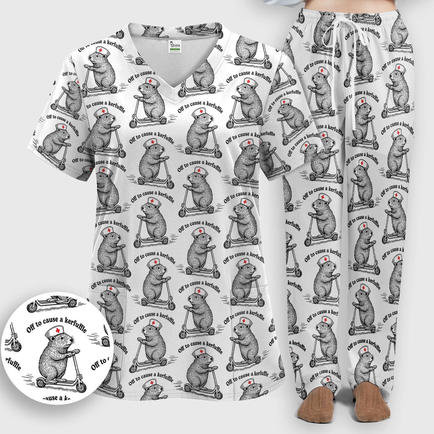 Funny Nurse Mouse Scooter Print Women's Scrub Set, Scrub Pants and V Neck Top