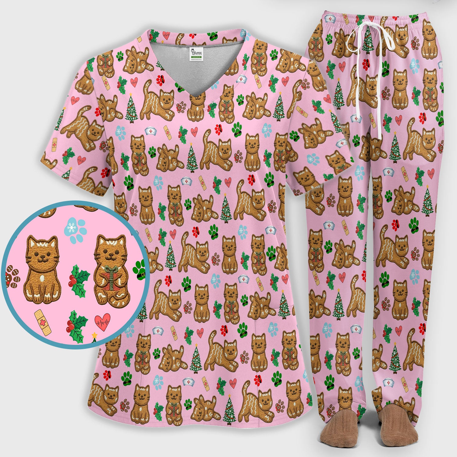 Gingerbread Cat Christmas Scrub Set, Cute Holiday Kitty Medical Uniform Shirt For Nursing, Festive Nurse Pattern