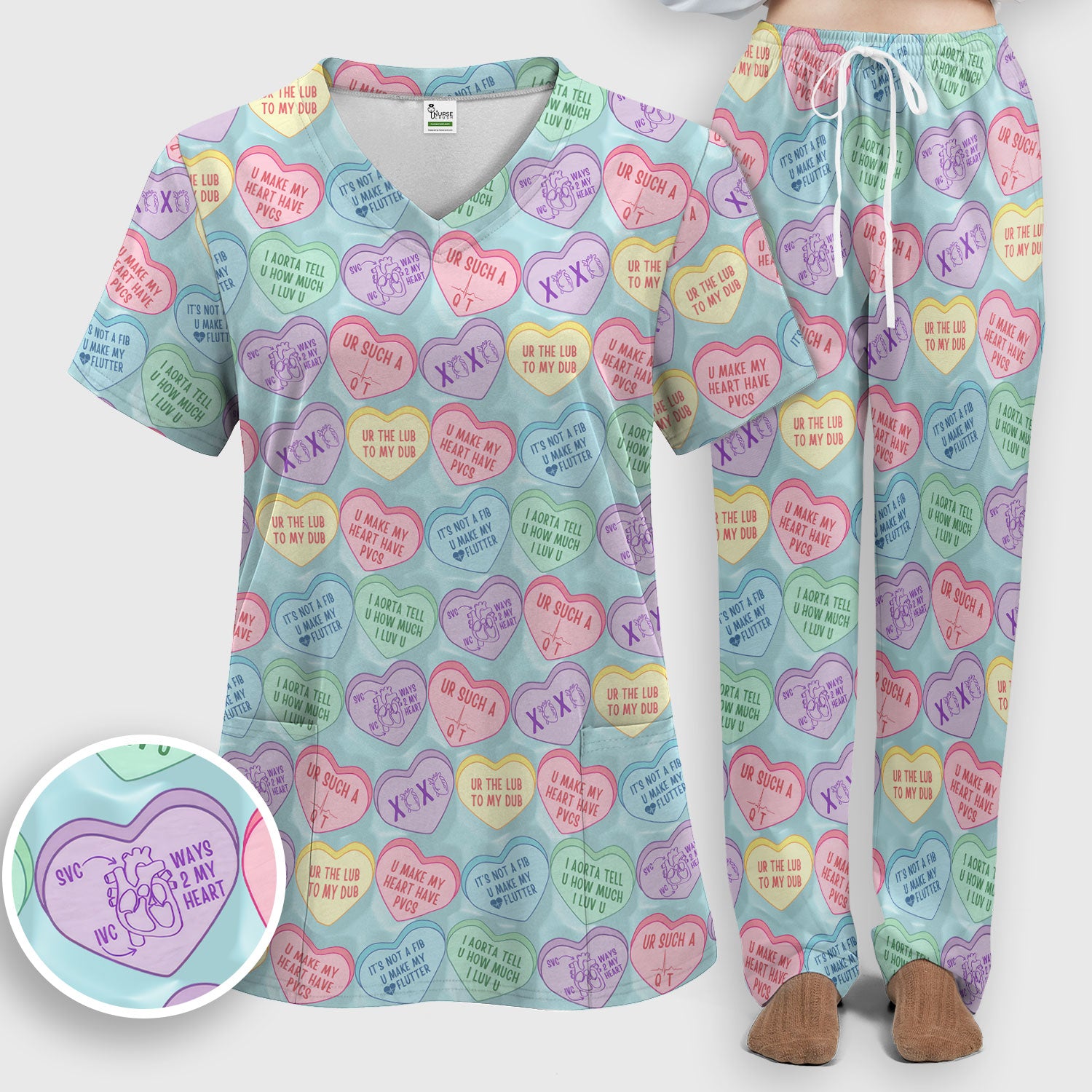 Medical Candy Heart Valentine Pattern Women’s Scrub Sets, Fun Medical Pattern, Breathable Med Uniform