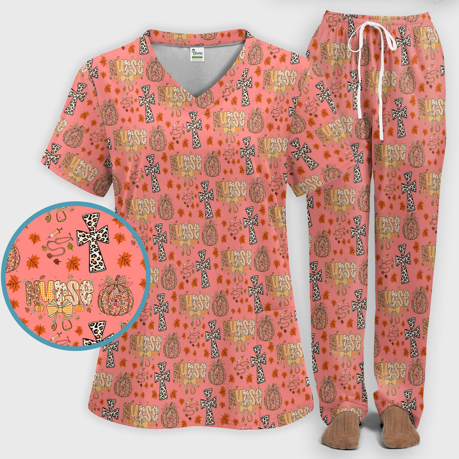I Will Praise Him In Every Season - Boho Pumpkin Leopard Cross Fall Scrub Sets for Nurse - Thanksgiving Med Uniform for Women