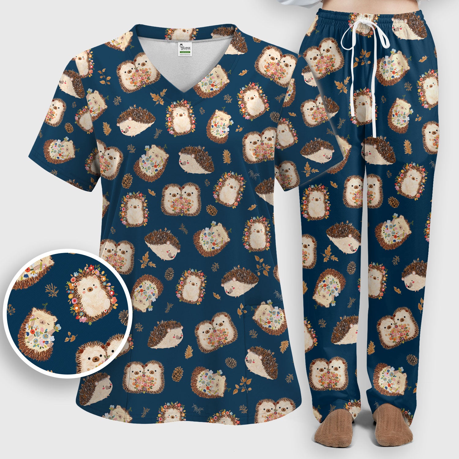 Cute Hedgehog Floral Scrub Set, Breathable Med Uniform