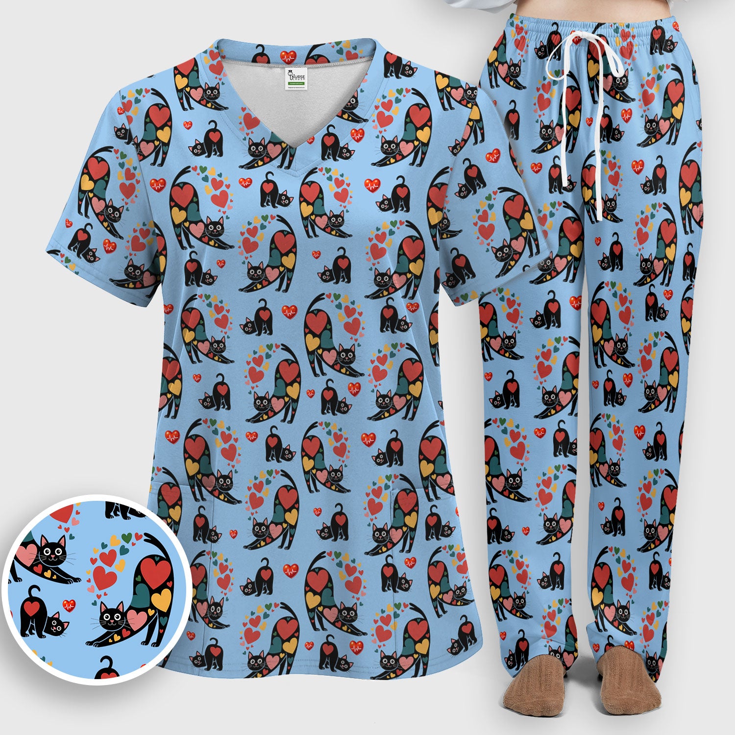 Playful Cat Valentine Heart Print Medical Scrub Set, Breathable Med Uniform