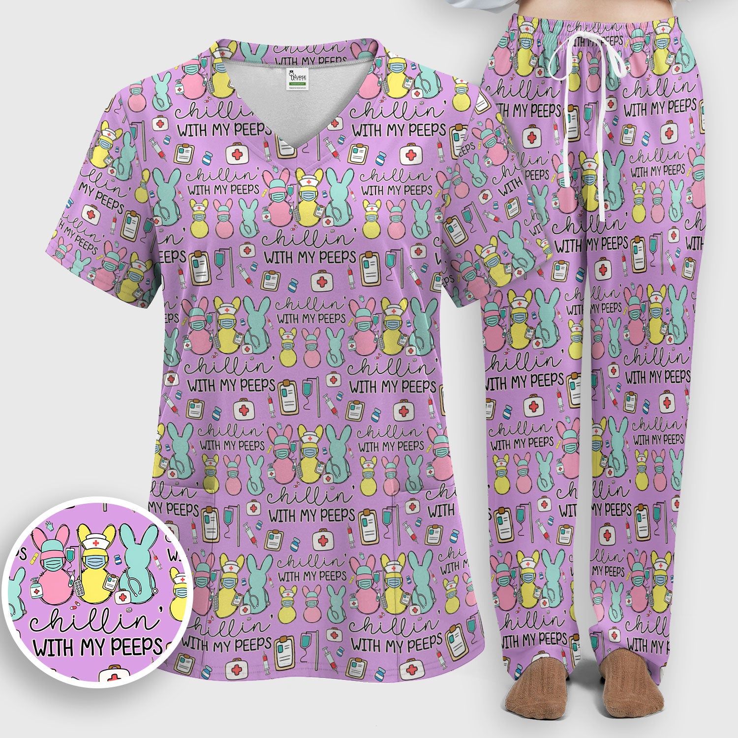 Cute Bunny Nurse Chillin With My Peeps Scrub, Women's Scrub Sets