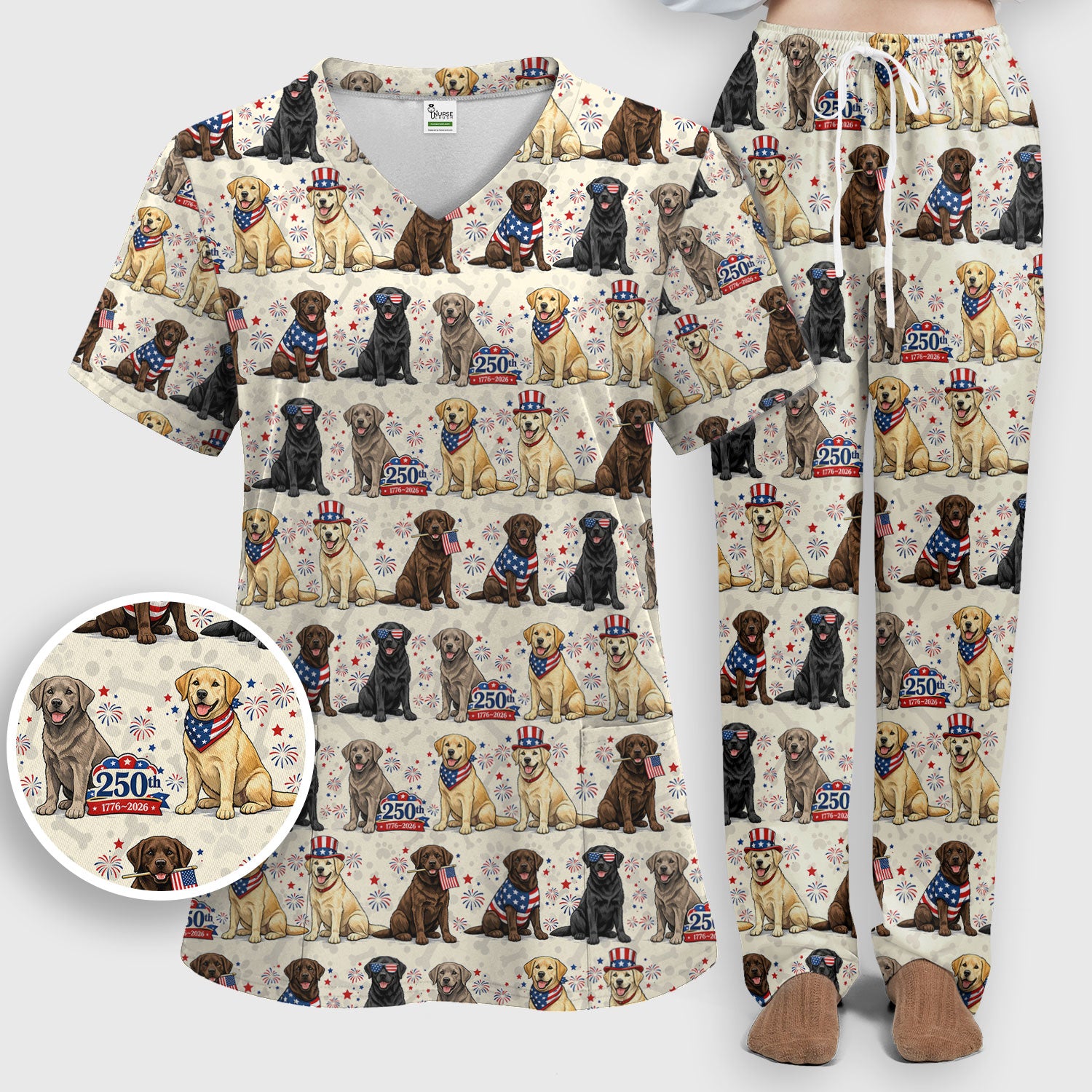 4th of July Labrador Dog Patriotic Print Scrub Set, Scrub Pants and V Neck Top