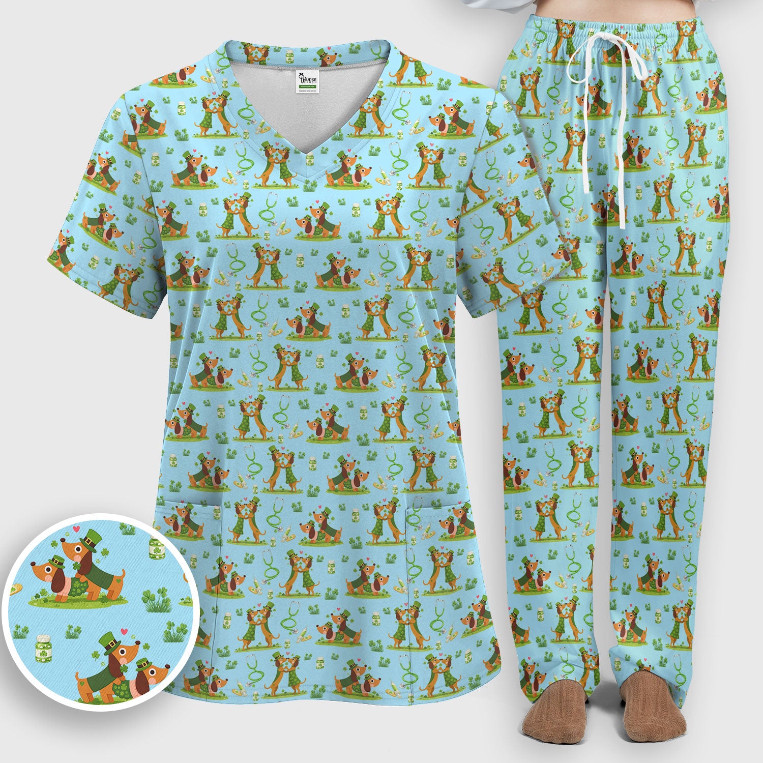 Valentine Cute Dachshund Nurse Set, Dog Heart Pattern, Breathable Nursing Uniform