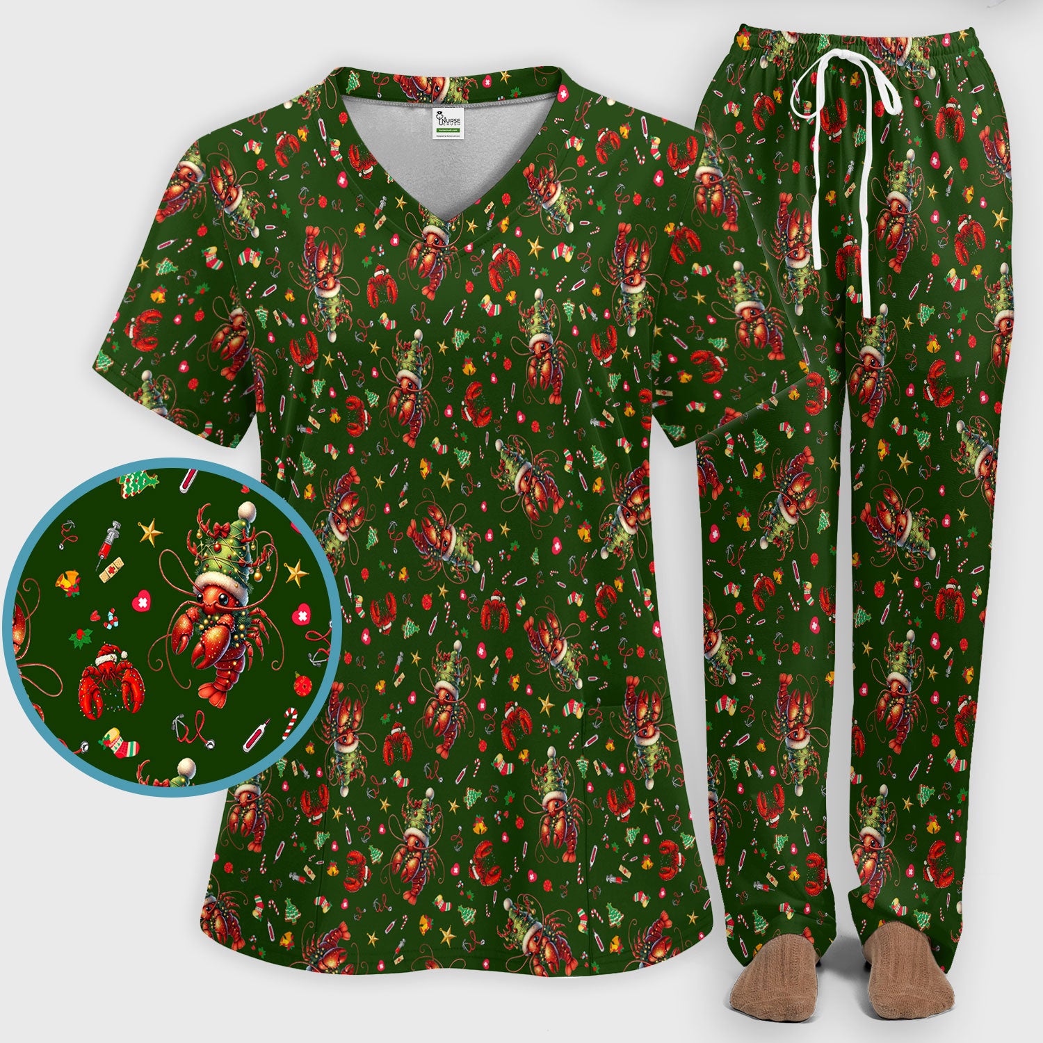 Whimsical Crawfish Christmas Scrub Set – Southern Christmas Cajun Holiday Crawfish Pattern – Cute Medical Uniform for Nurses, Vets And Healthcare Workers