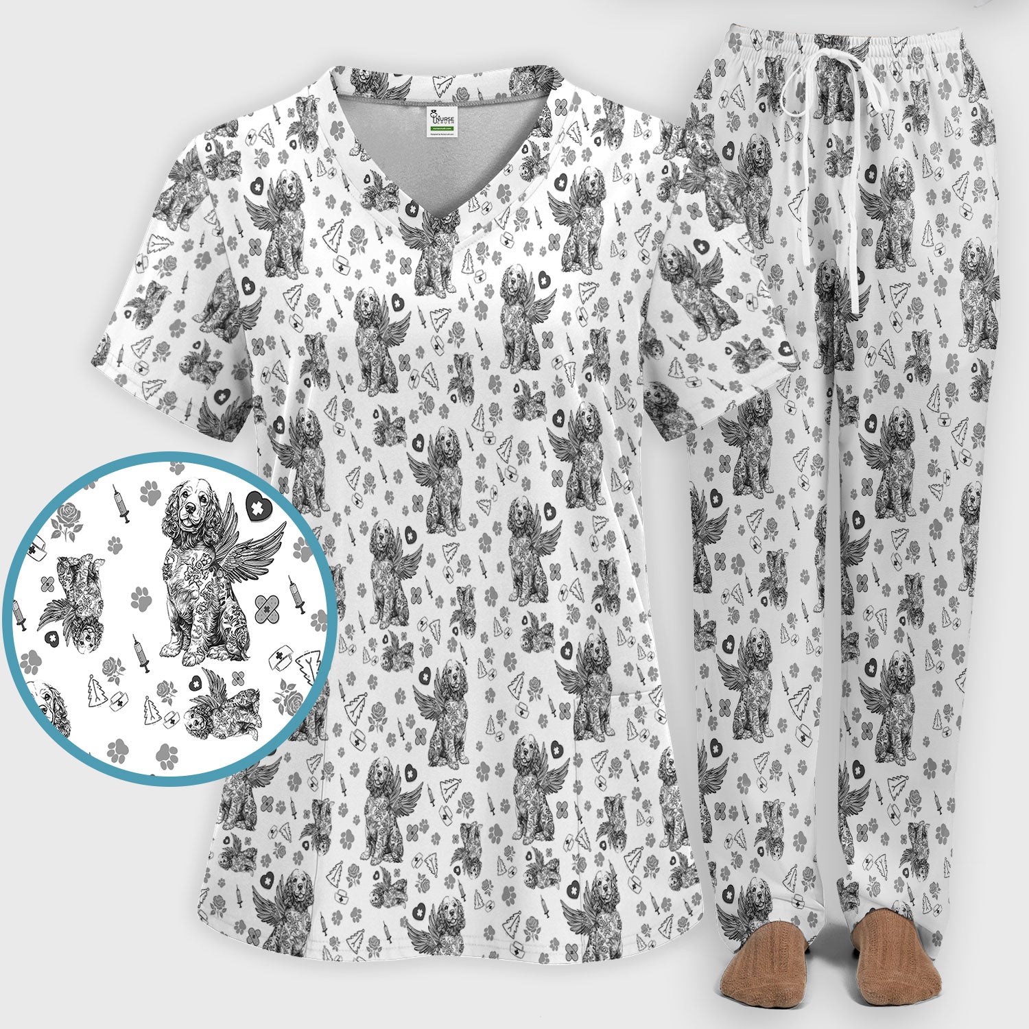 Toile De Jouy Scrub Set for Nurses - Angel Puppy Medical Uniform - Floral Dog in Heaven Gift for Women, Vet Techs, RN CNA LPN