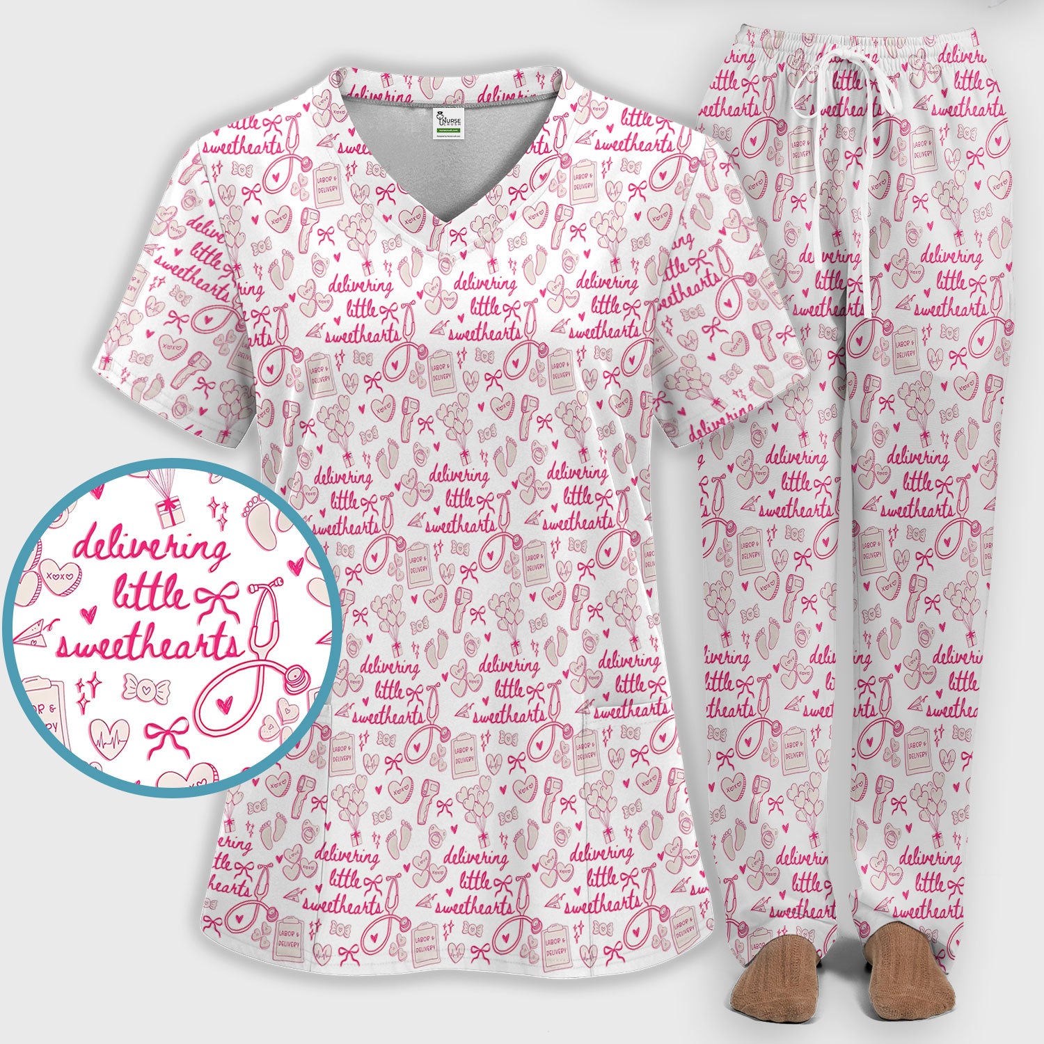 Valentine Labor And Delivery Scrub Set, XOXO Pattern Scrub Shirt, Breathable Fabrics Nursing Uniform For Women