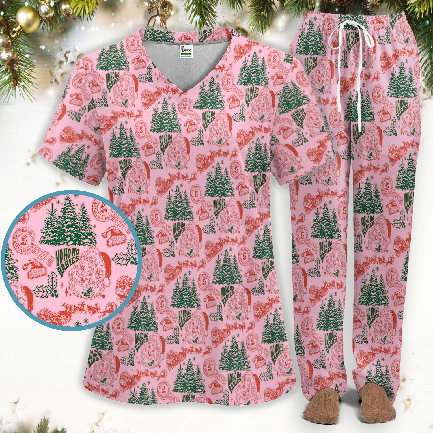 Christmas Santa Scrub Set, Vintage Holiday Nurse Shirt, Festive Medical Uniform For Nursing