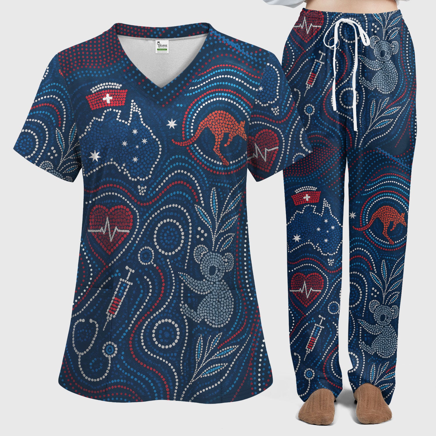 Aboriginal Dot Art Nurse Scrub Set, Australian Kangaroo With Koala Pattern Shirt,  Breathable Fabrics Nursing Uniform