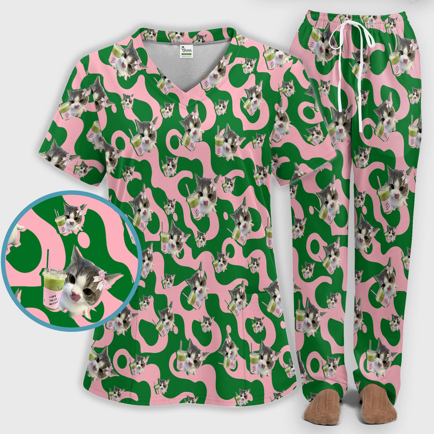 Cute Cat Matcha Nurse Scrub Set, Funny Cat I Love Matcha Medical Shirt,  Breathable Fabrics Nursing Uniform