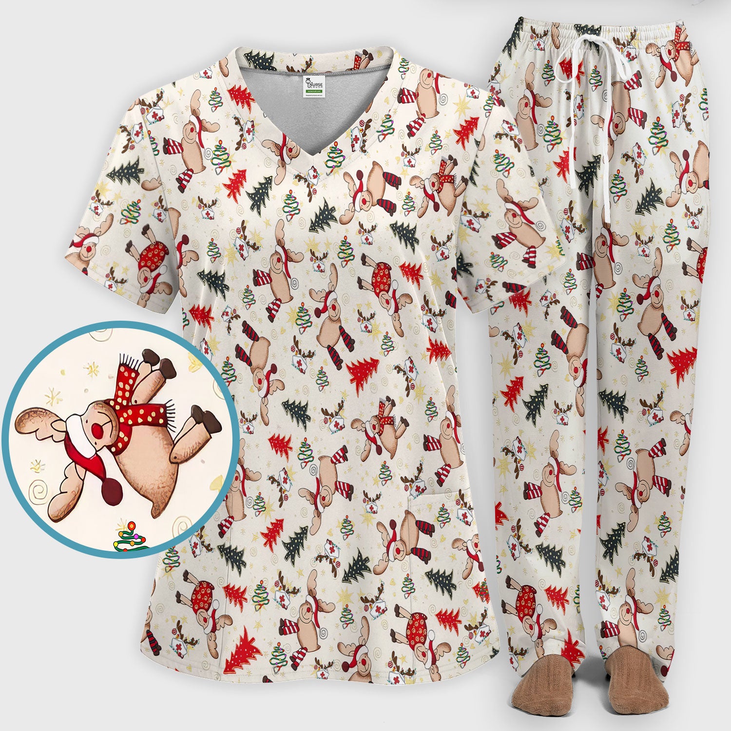 Funny Reindeer Christmas Nurse Scrub Set - Festive Holiday Medical Scrub Pants and V Neck Top - Breathable Med Uniform
