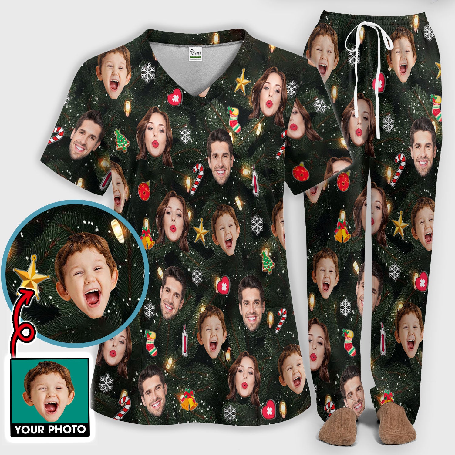 Personalized Christmas Photo Scrub Set, Funny Xmas Custom Face Scrub Shirt, Breathable Fabrics Nursing Uniform