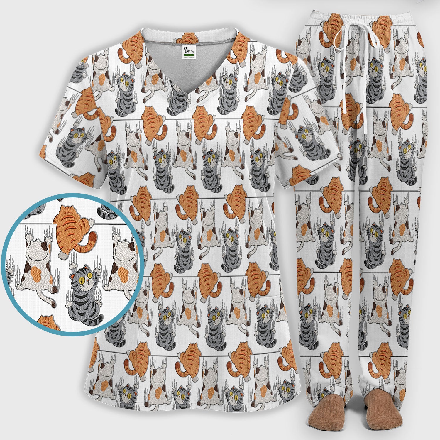 Cute Cat Pattern Nurse Scrub Set, Cats Medical Pattern Shirt, Breathable Fabrics Nursing Uniform
