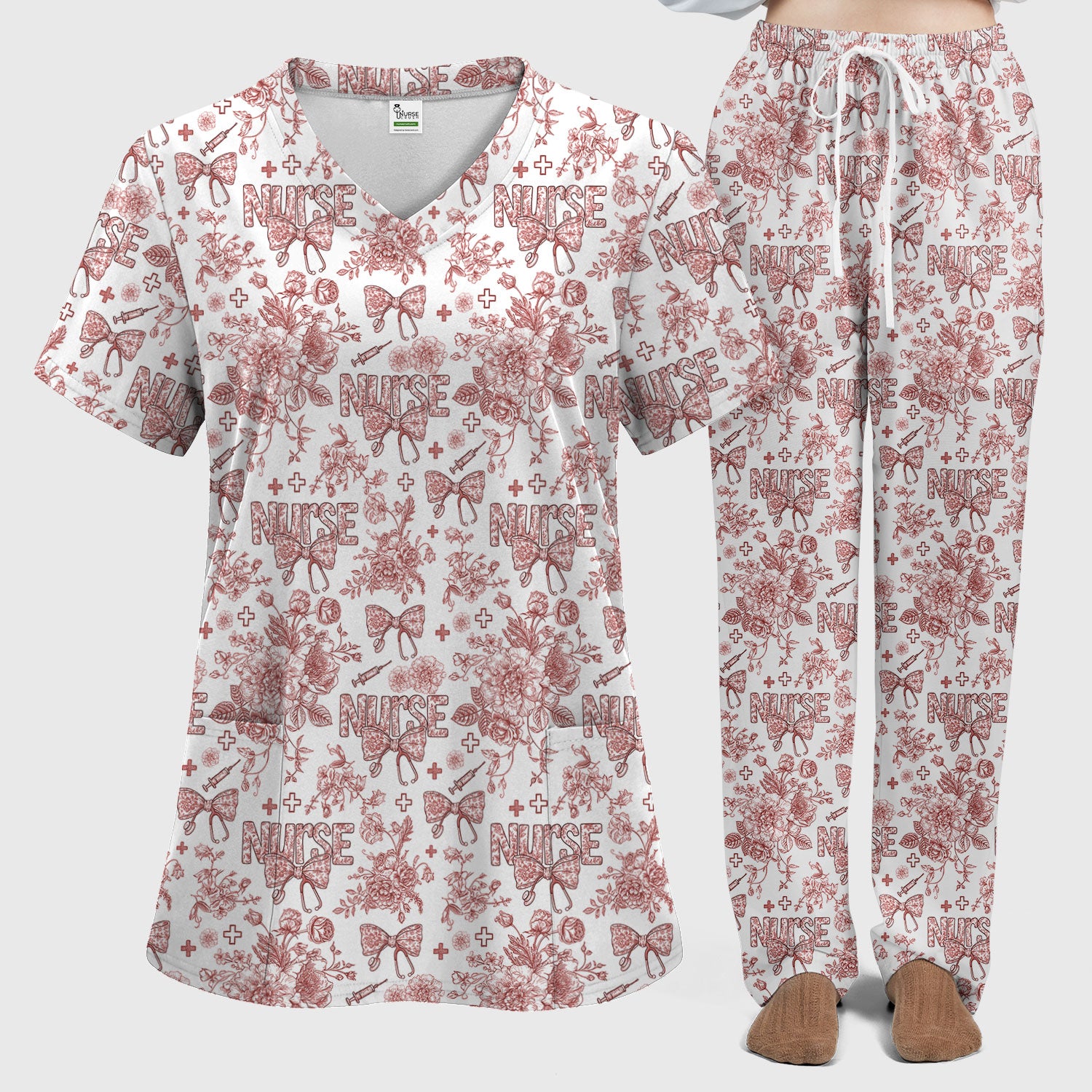 Toile de Jouy Nurse Scrub Set - Elegant Floral Pattern Scrubs for Women - Stylish Flower Medical Scrubs Gift for Healthcare Workers