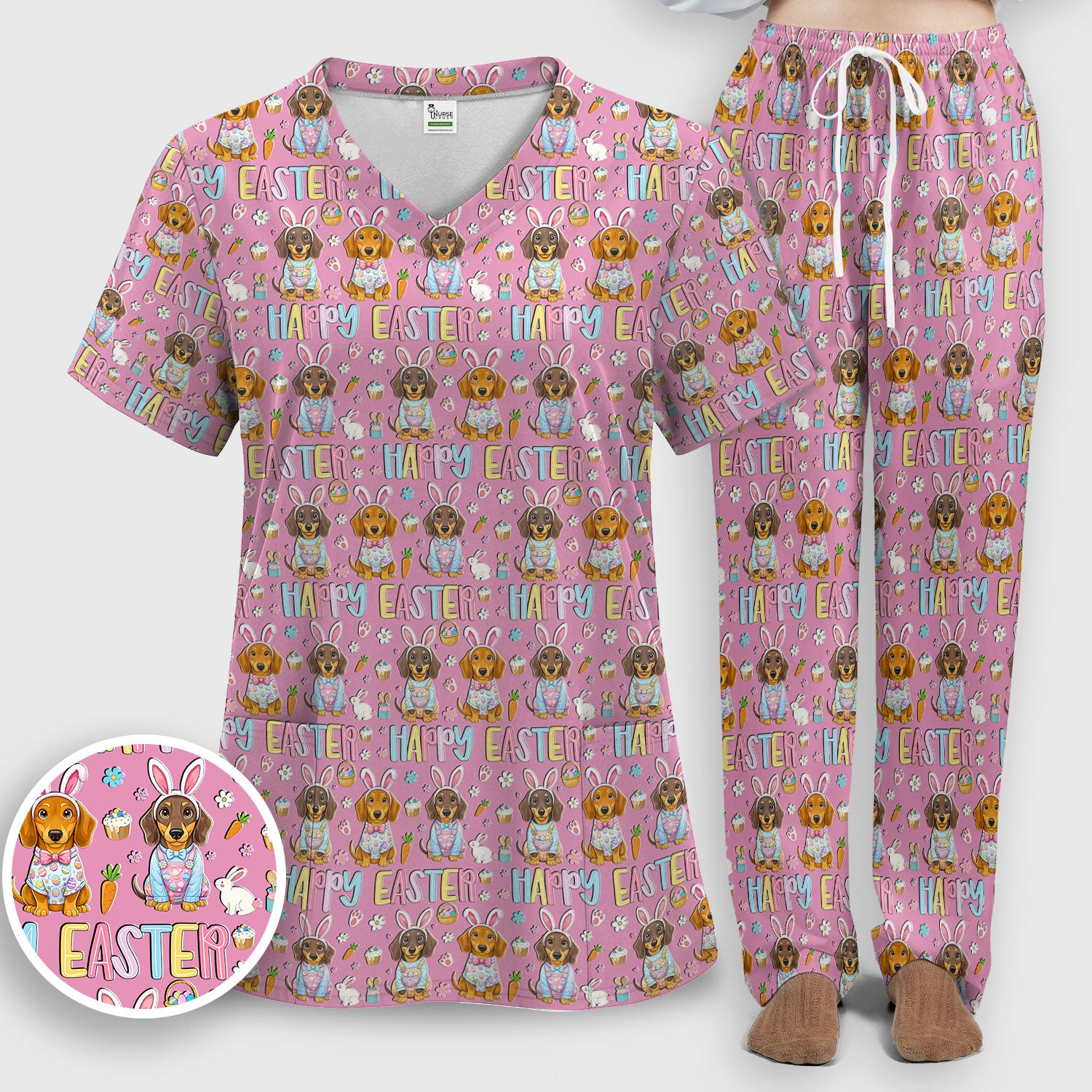 Happy Easter Dachshund Puppy Pattern Scrub Set, Breathable Med Uniform