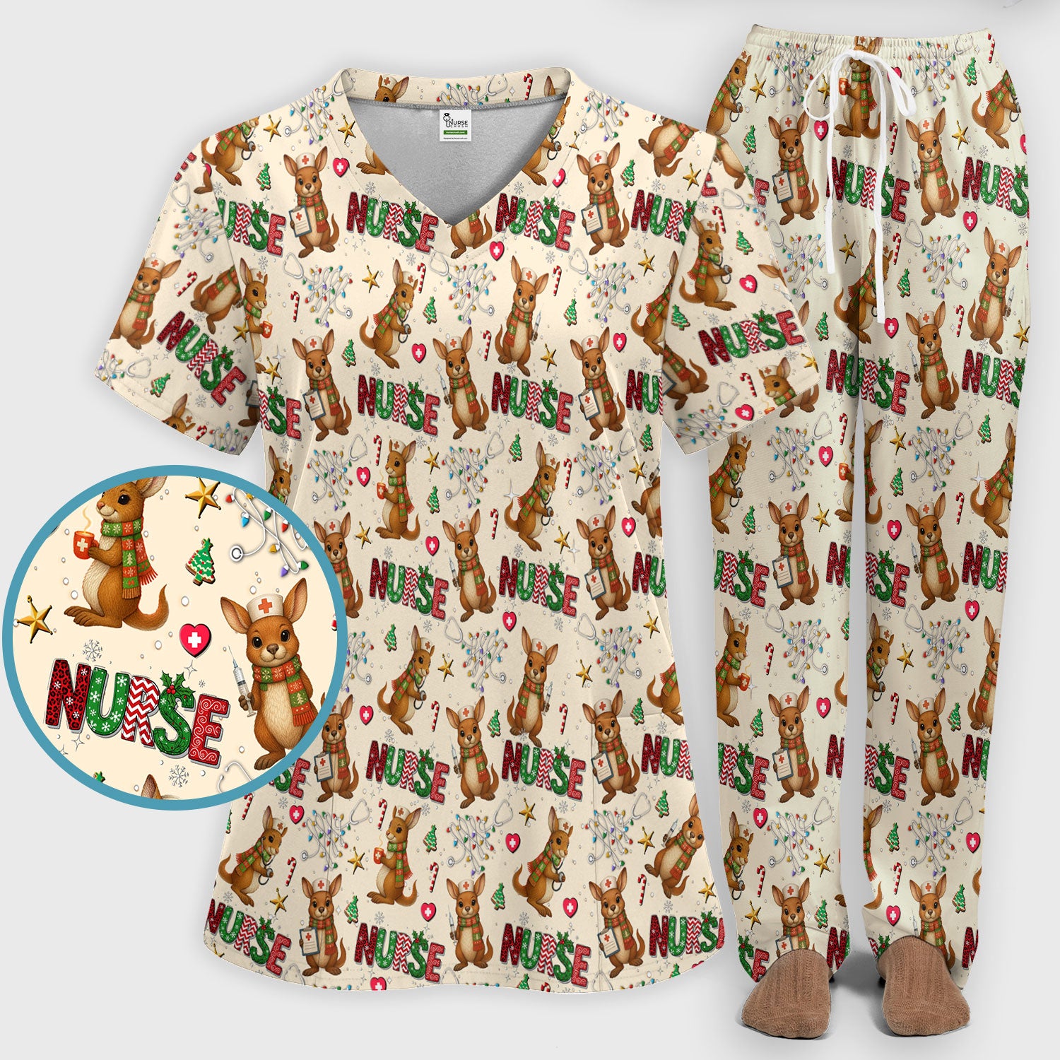 Aussie Kangaroo Christmas Scrub Set - Funny Holiday Nurse Shirt and Pants for Women - Cute Animal Medical Uniform