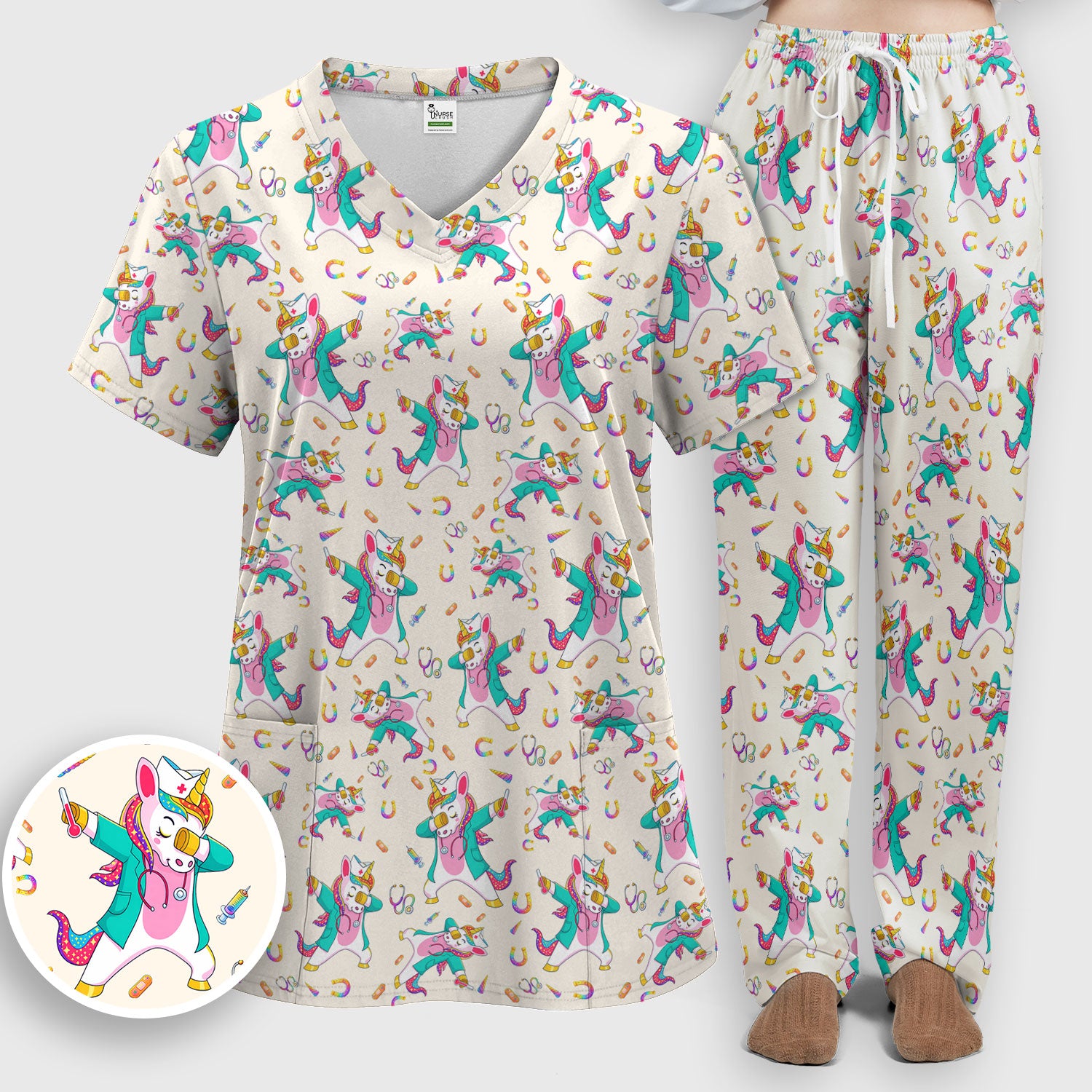 Cute Unicorn Nurse Dance Pattern Women's Sets, Scrub Pants and V Neck Top