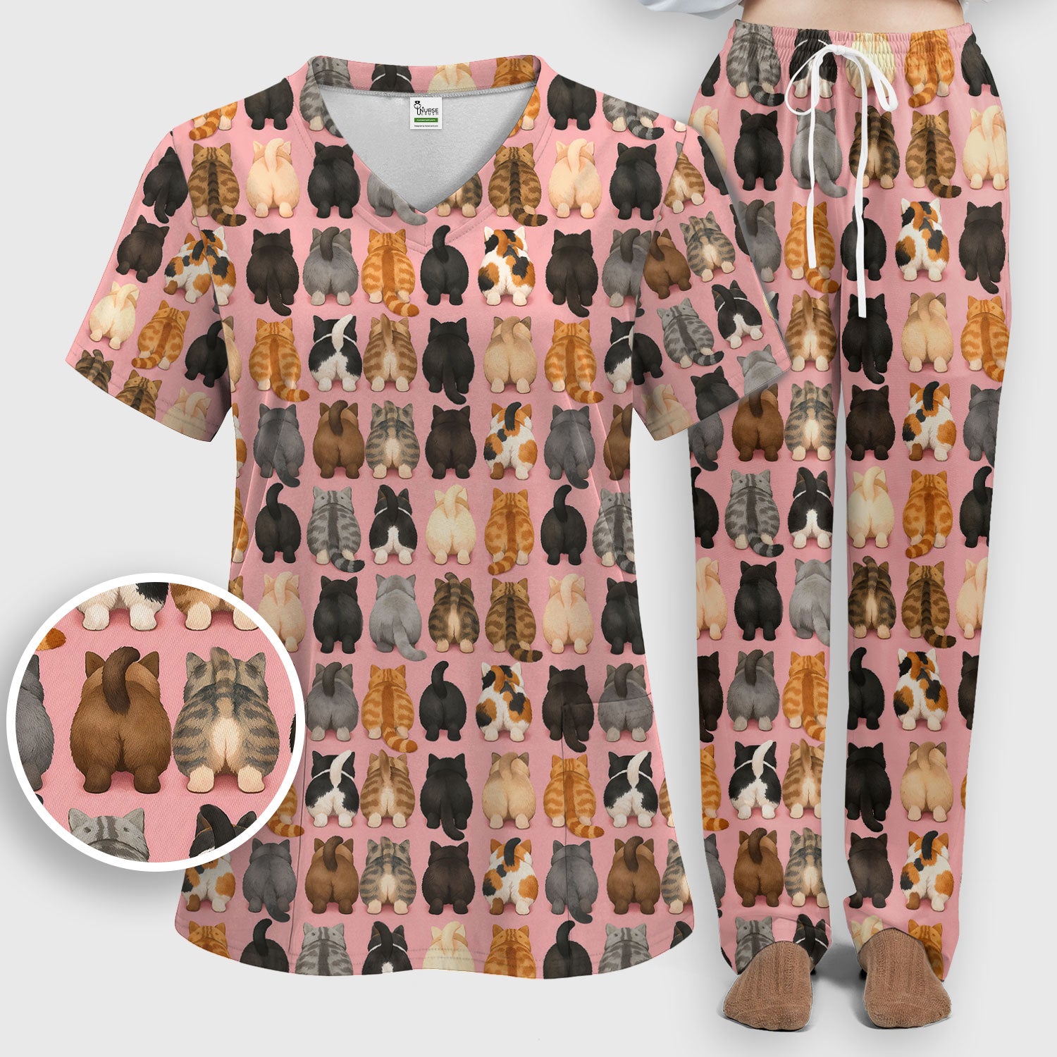 Cute Cats Back View Pattern Scrubs Sets, Scrub Pants and V Neck Top