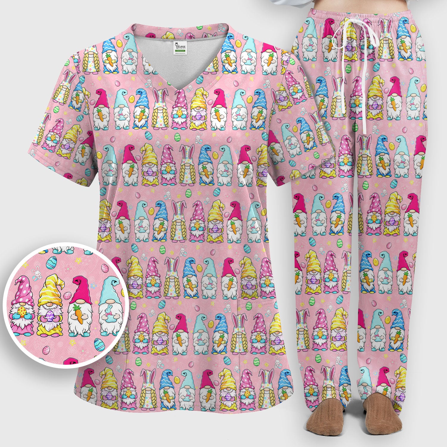 Colorful Easter Gnome Bunny Eggs Pattern Scrub Set, Women's Scrub Sets