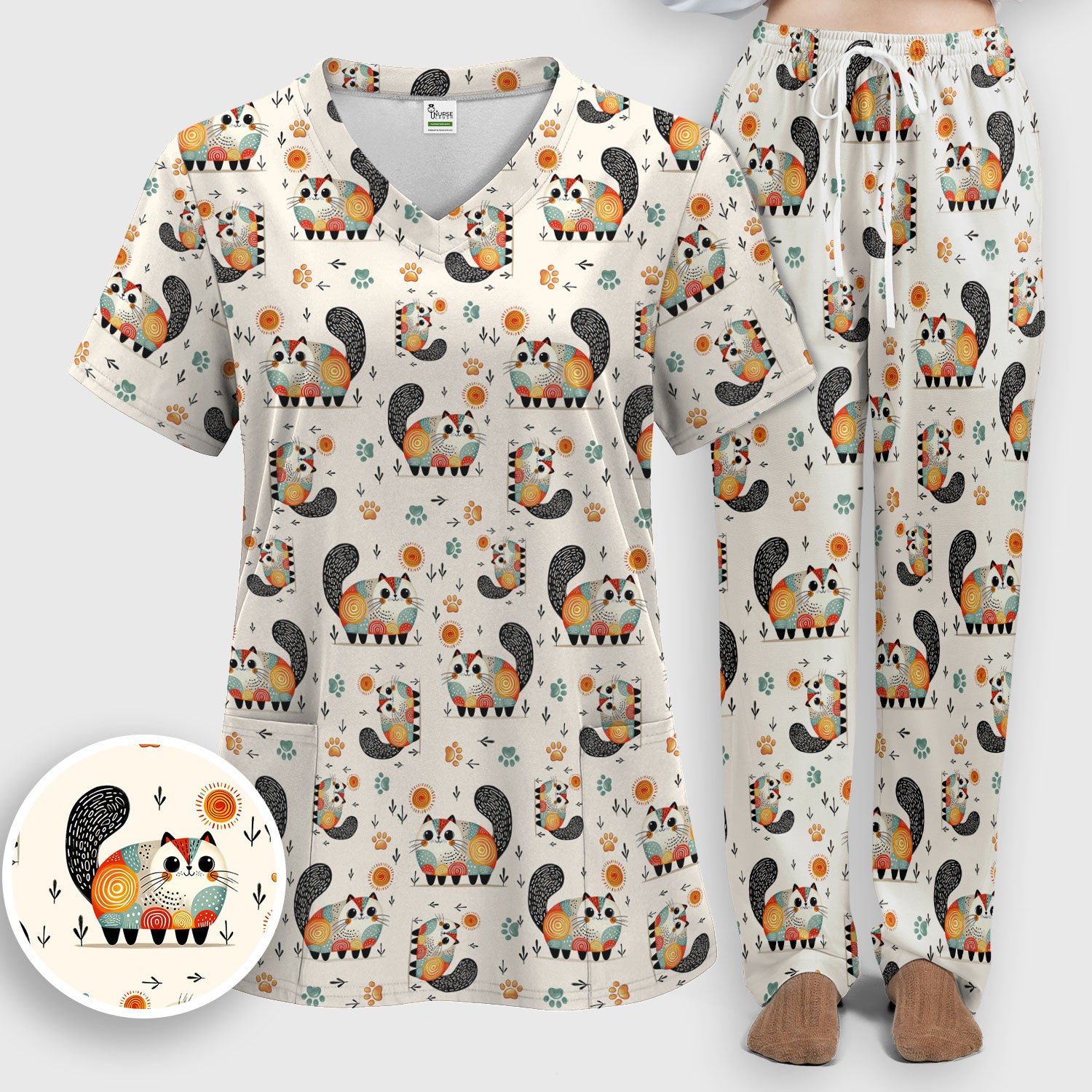 Playful Cat Illustration Women's Scrub Set, Breathable Med Uniform