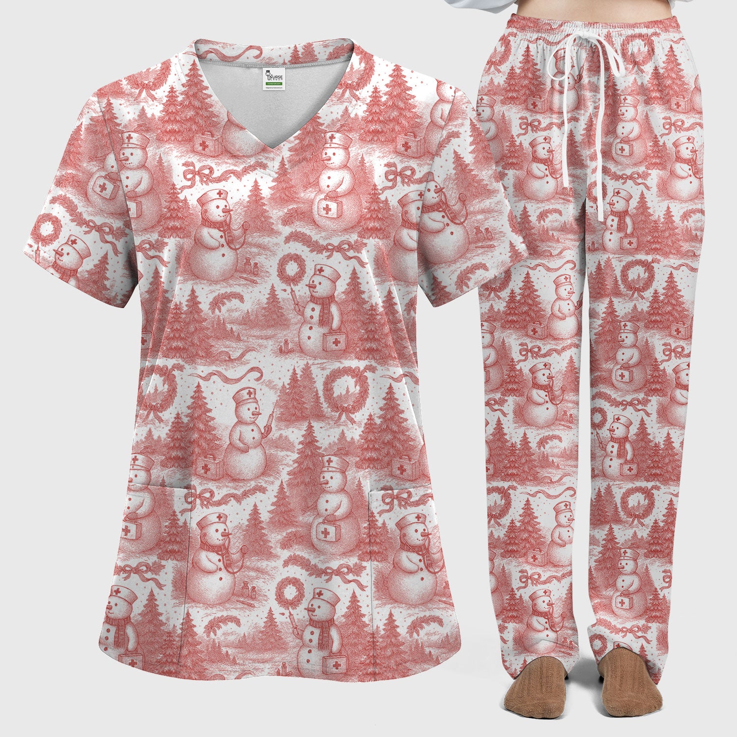 Toile de Jouy Christmas Scrubs Set – Elegant Snowman and Nurse Pattern – Classic Holiday Scrub Top and Pants for Women