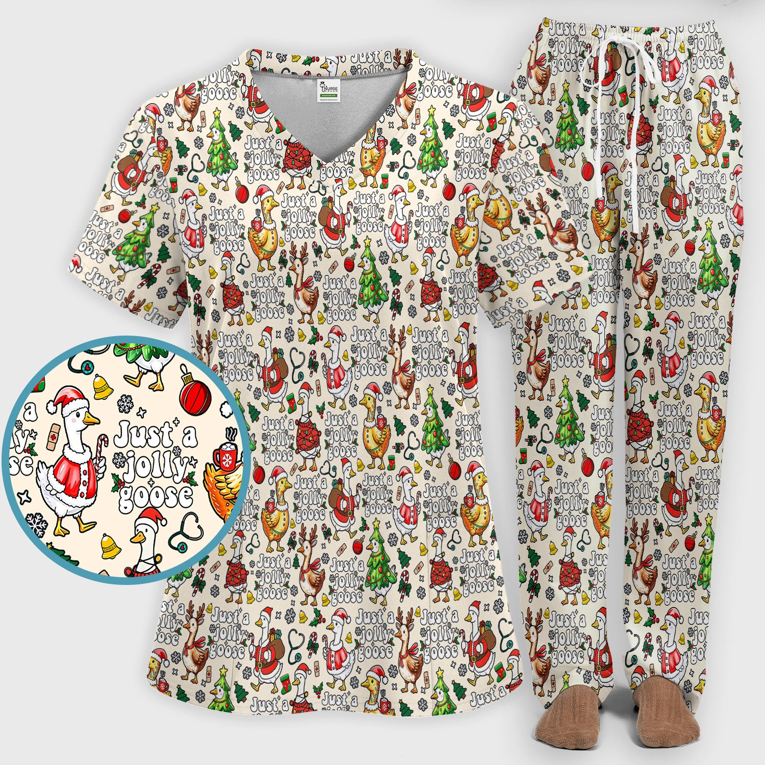 Christmas Goose Scrub Set for Nurse - Funny Jolly Holiday Medical Uniform for Women