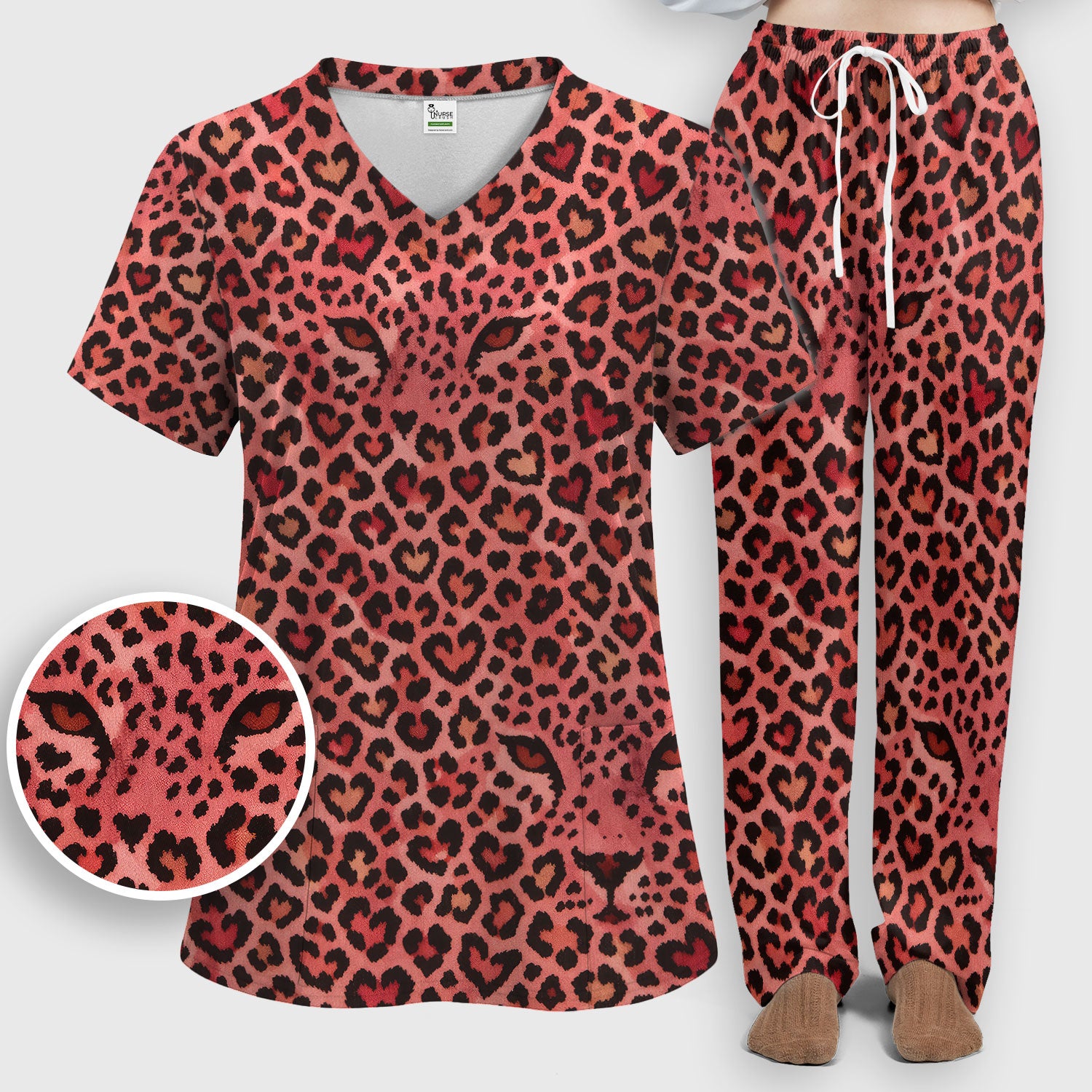 Leopard Pattern Nurse Scrub Set, Pink Medical Nurses Shirt, Breathable Fabrics Nursing Uniform