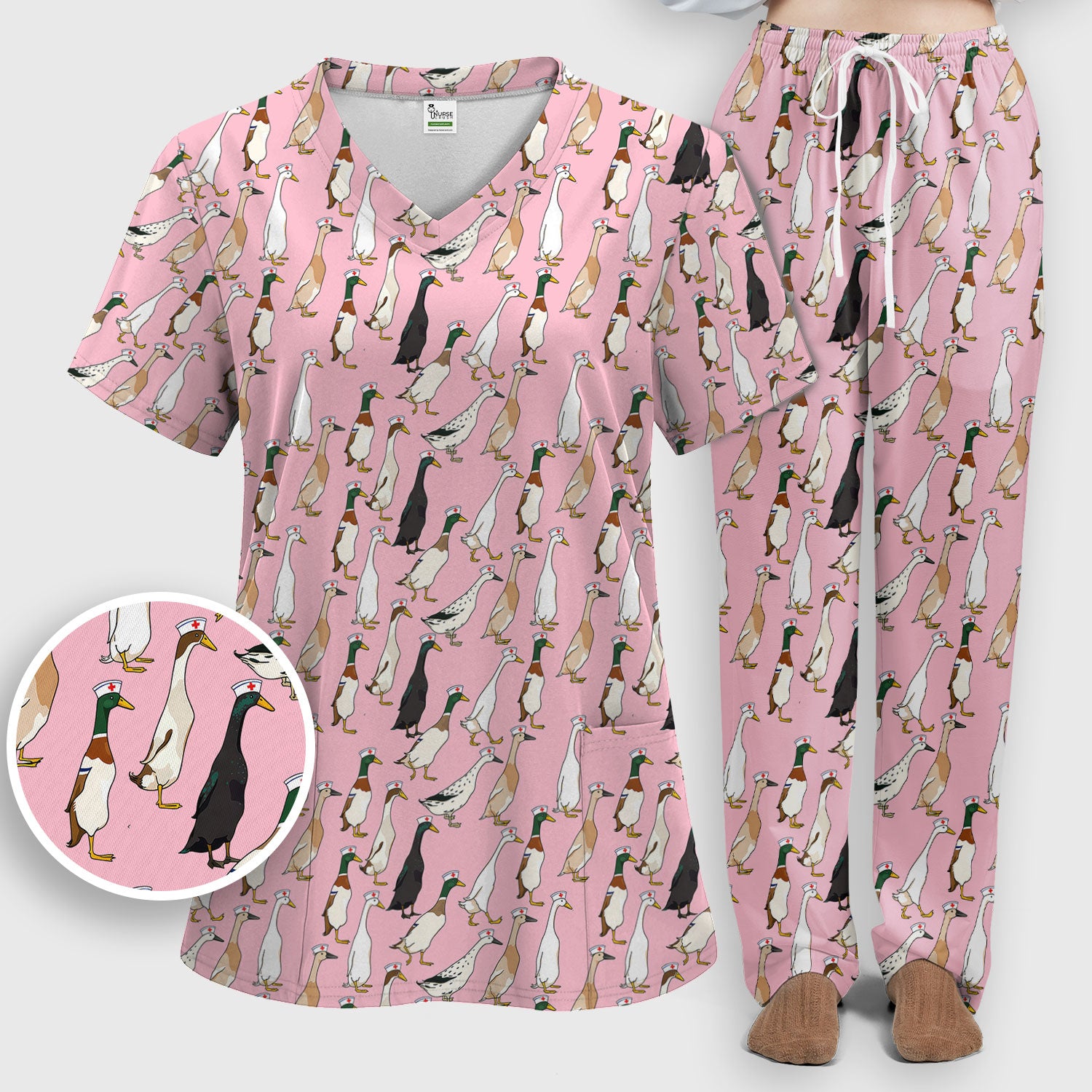 Funny Nurse Duck Pattern Scrub Set, Breathable Med Uniform
