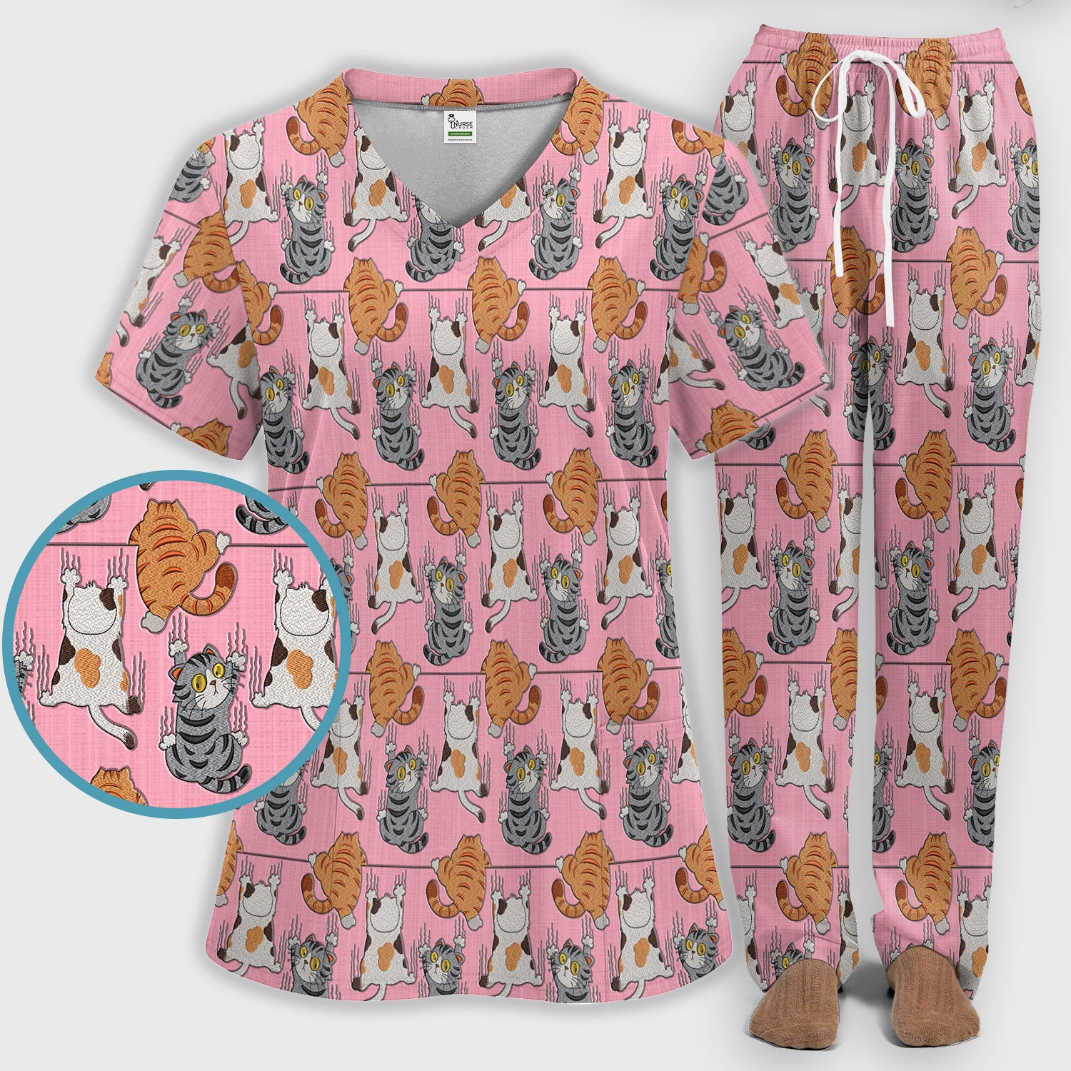 Cute Cat Pattern Nurse Scrub Set, Cats Medical Pattern Shirt, Breathable Fabrics Nursing Uniform