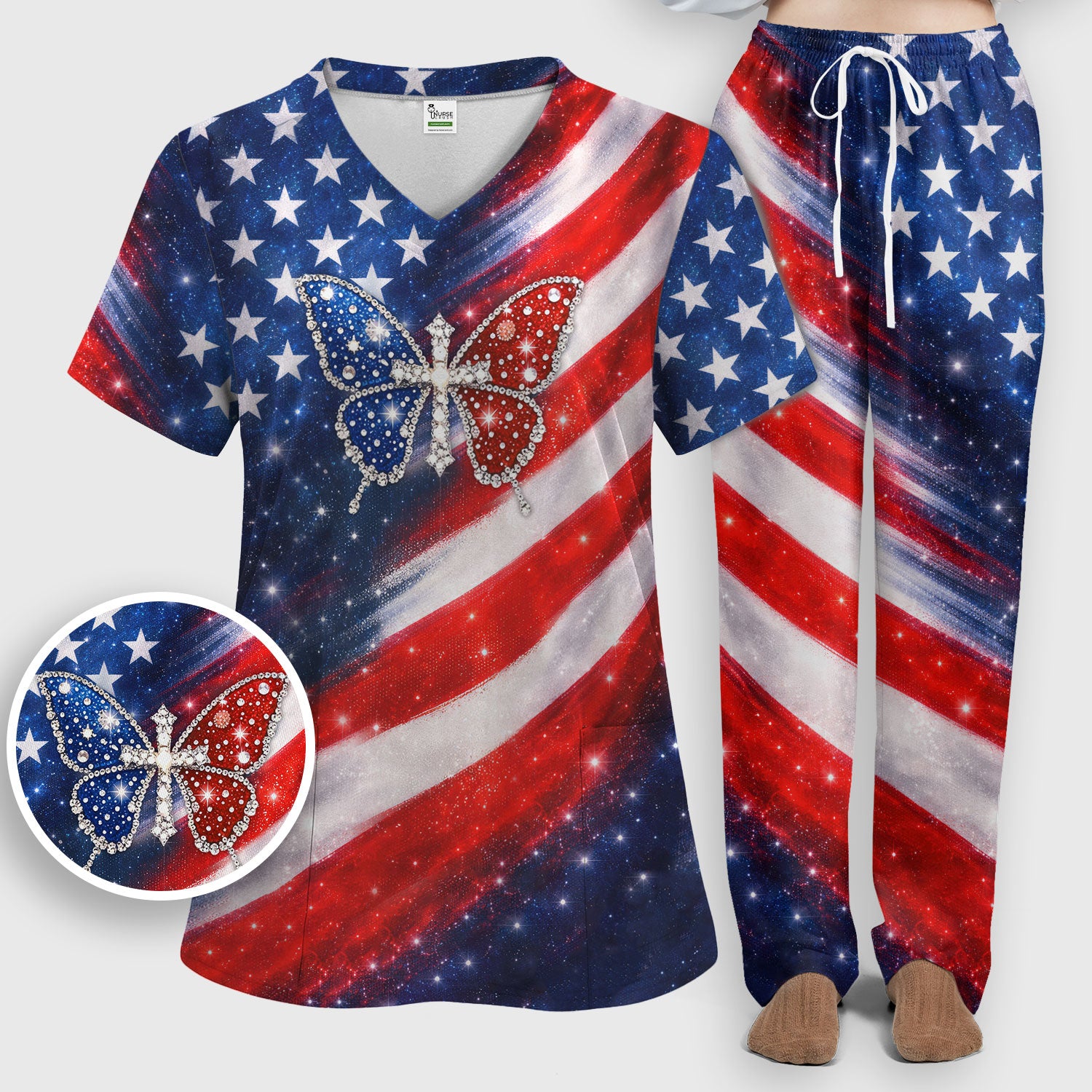 USA Flag Glitter Butterfly Rhinestone Pattern Scrub Sets, Breathable Med Uniform