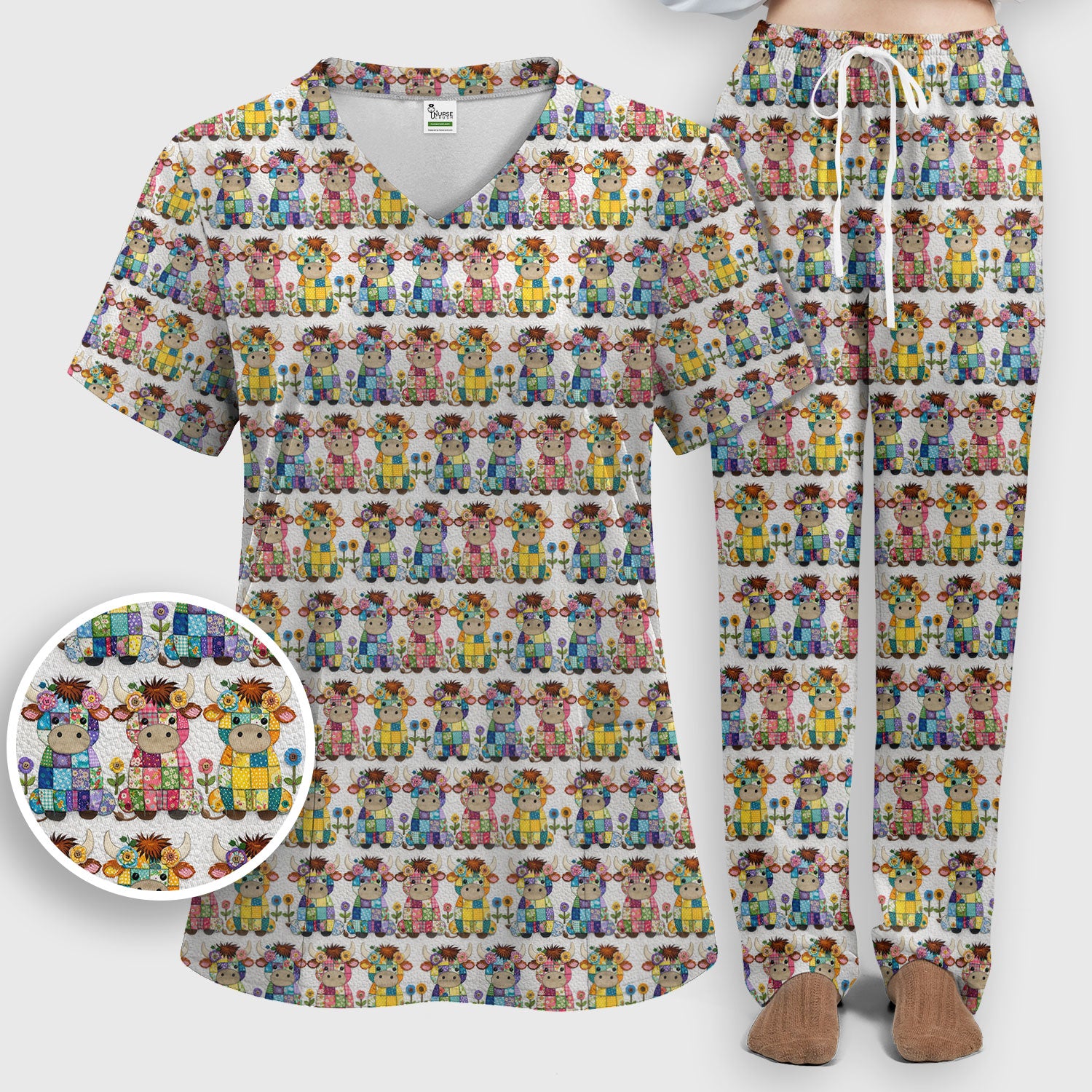 Cute Patchwork Cow With Flowers Pattern Scrubs Sets, Breathable Med Uniform