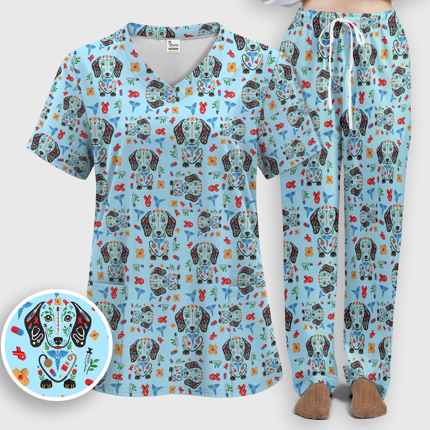Dachshund Medical Icon Pattern Scrub Set, Women's Scrub Sets