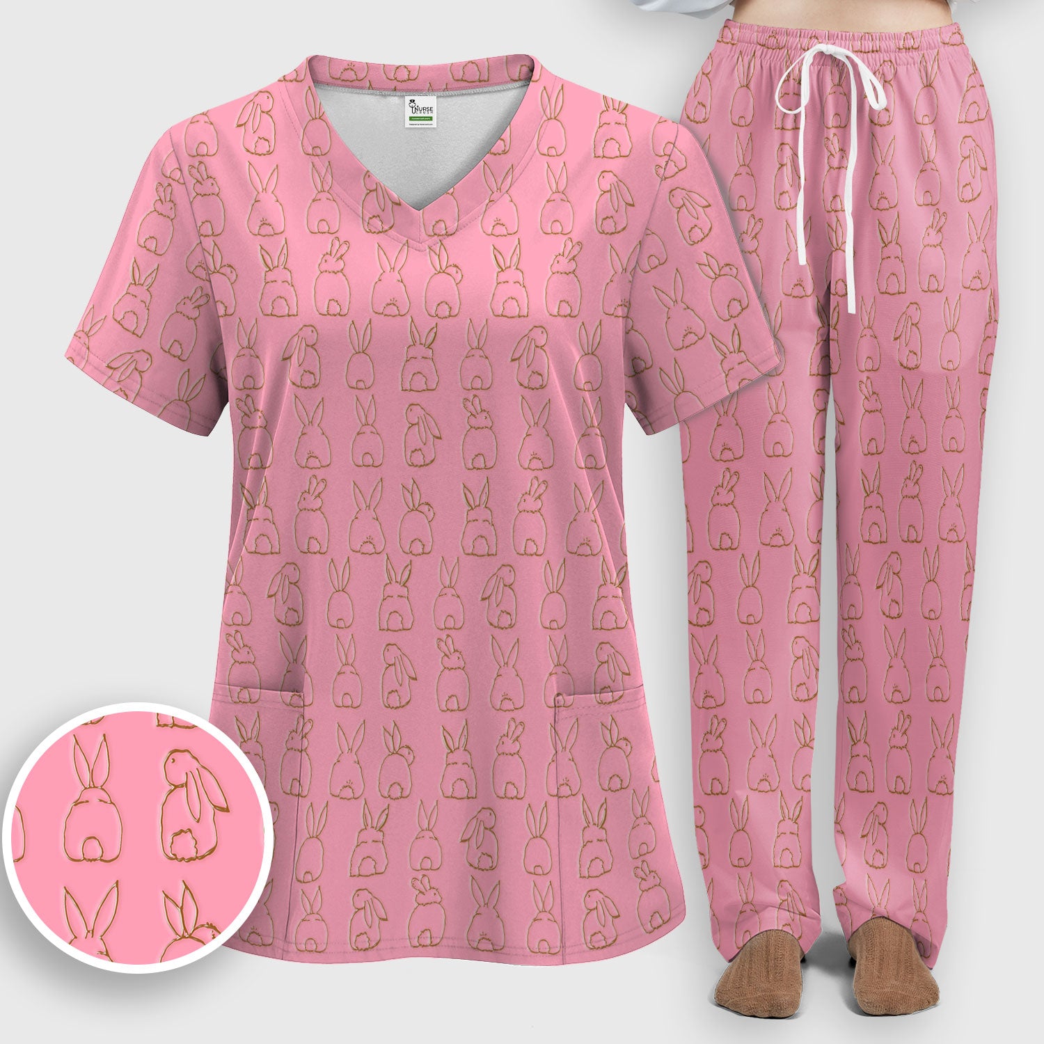 Cartoon Bunny Line Art Pattern Medical Scrub Set, Breathable Med Uniform