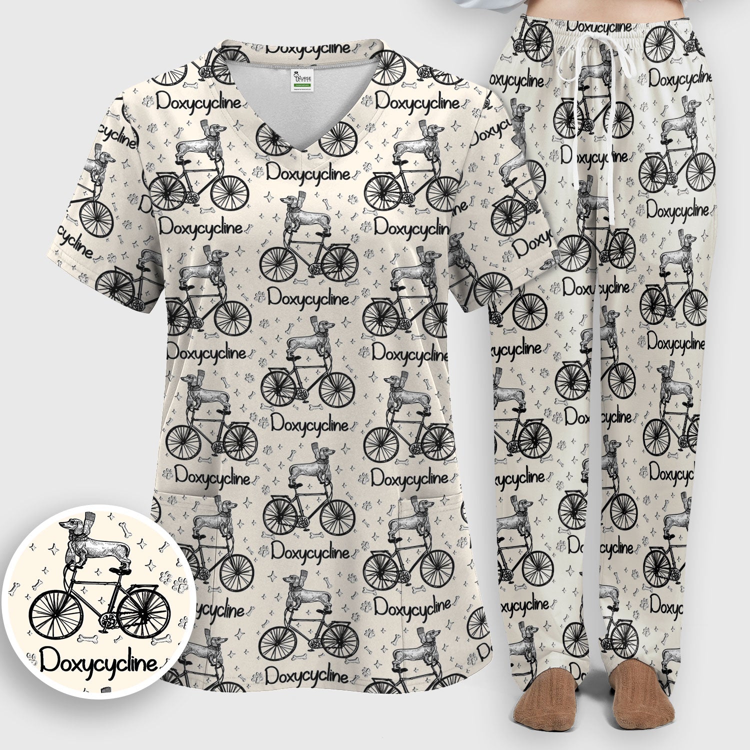 Funny Doxycycline Dog Bicycle Print Scrub Set, Scrub Pants and V Neck Top
