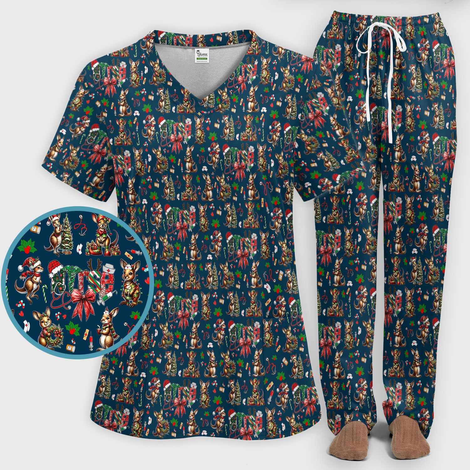 Whimsical Kangaroo Christmas Scrub Set – Festive Australian Animals Holiday Pattern – Cute Medical Uniform for Nurses, Vets & Healthcare Workers