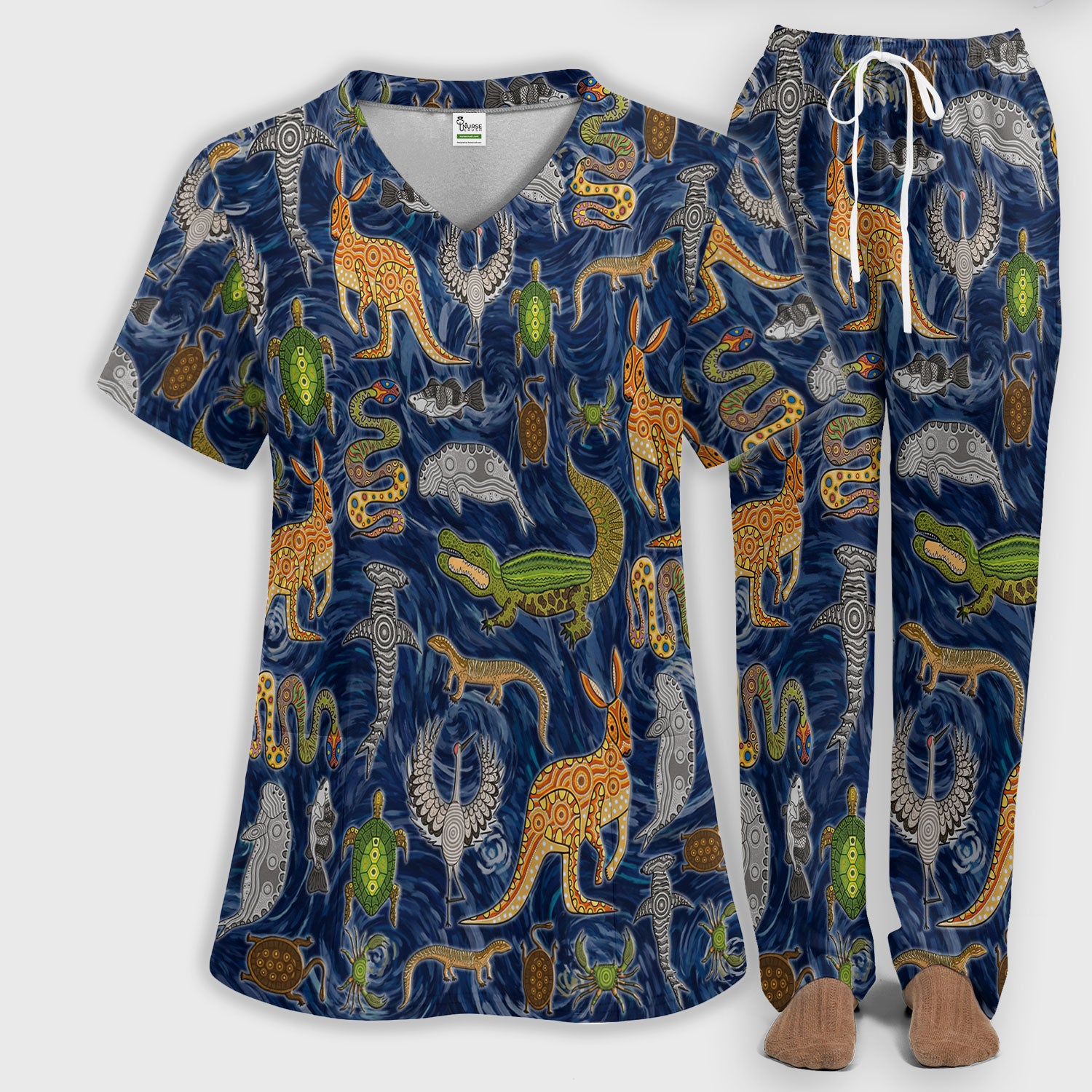Crocodile Turtle Snake Animal Pattern Scrub Set, Women’s Scrub Sets V Neck Top