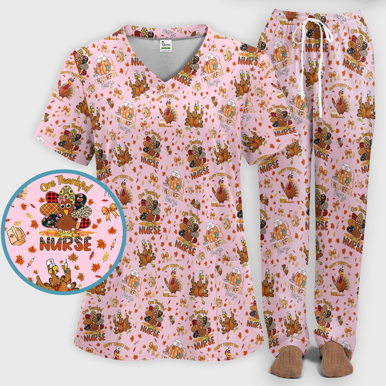 Thanksgiving Nurse Fall Scrub Sets for Women - Cute Turkey and Pumpkin Scrubs Pants and V Neck Top - Autumn Med Gift for Her