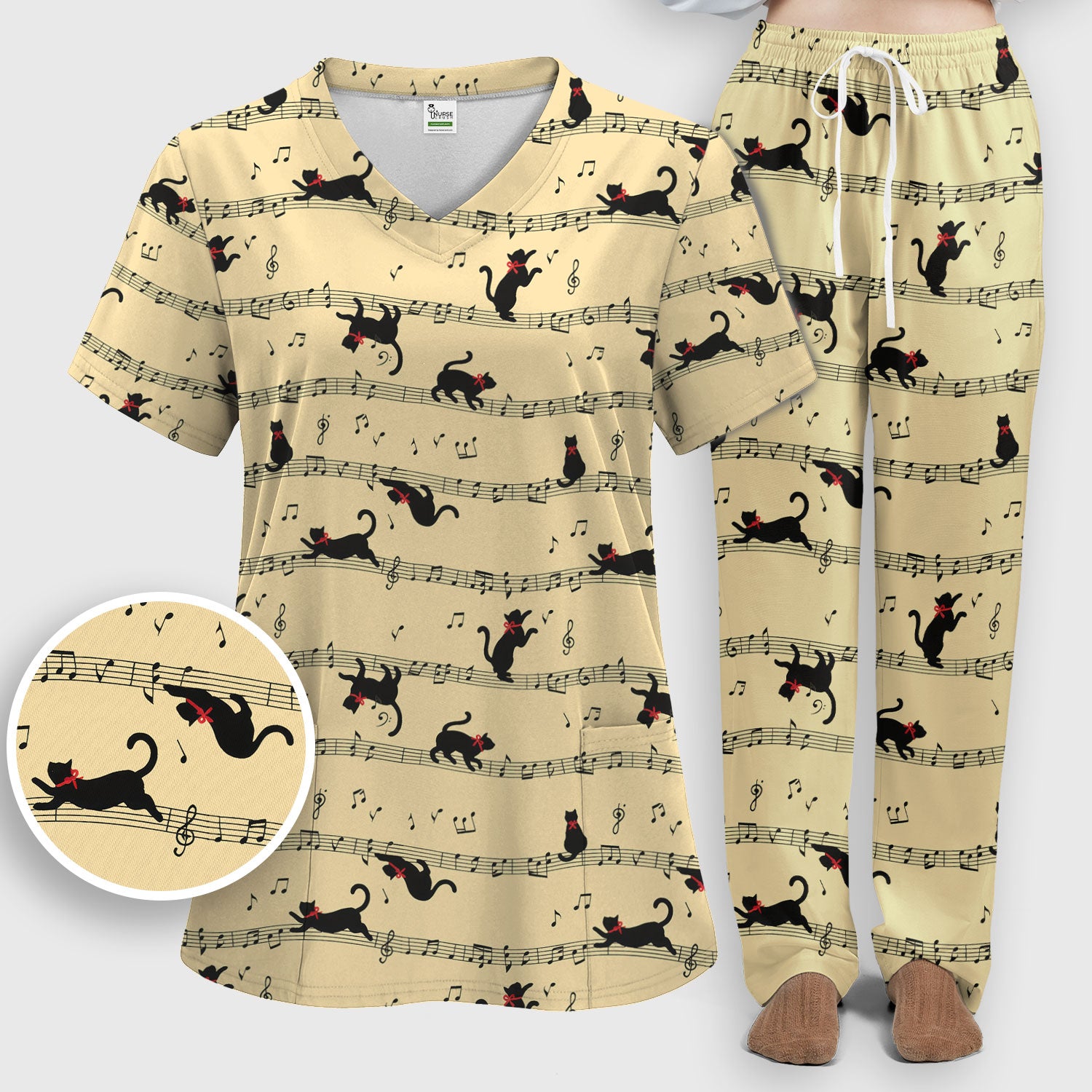 Cute Dancing Black Cat Music Staff Pattern Scrub Set, Scrub Pants and V Neck Top