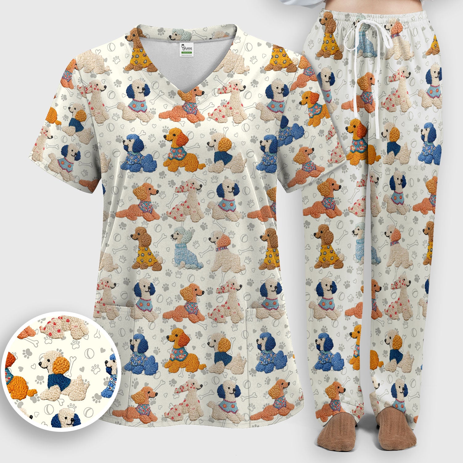 Cute Colorful Poodle Pattern Scrub Set, Scrub Pants and V Neck Top