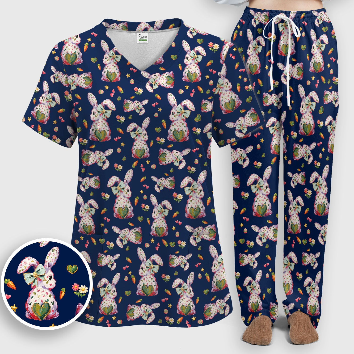 Cute Pastel Bunny Easter Pattern Scrub Set, Scrub Pants and V Neck Top