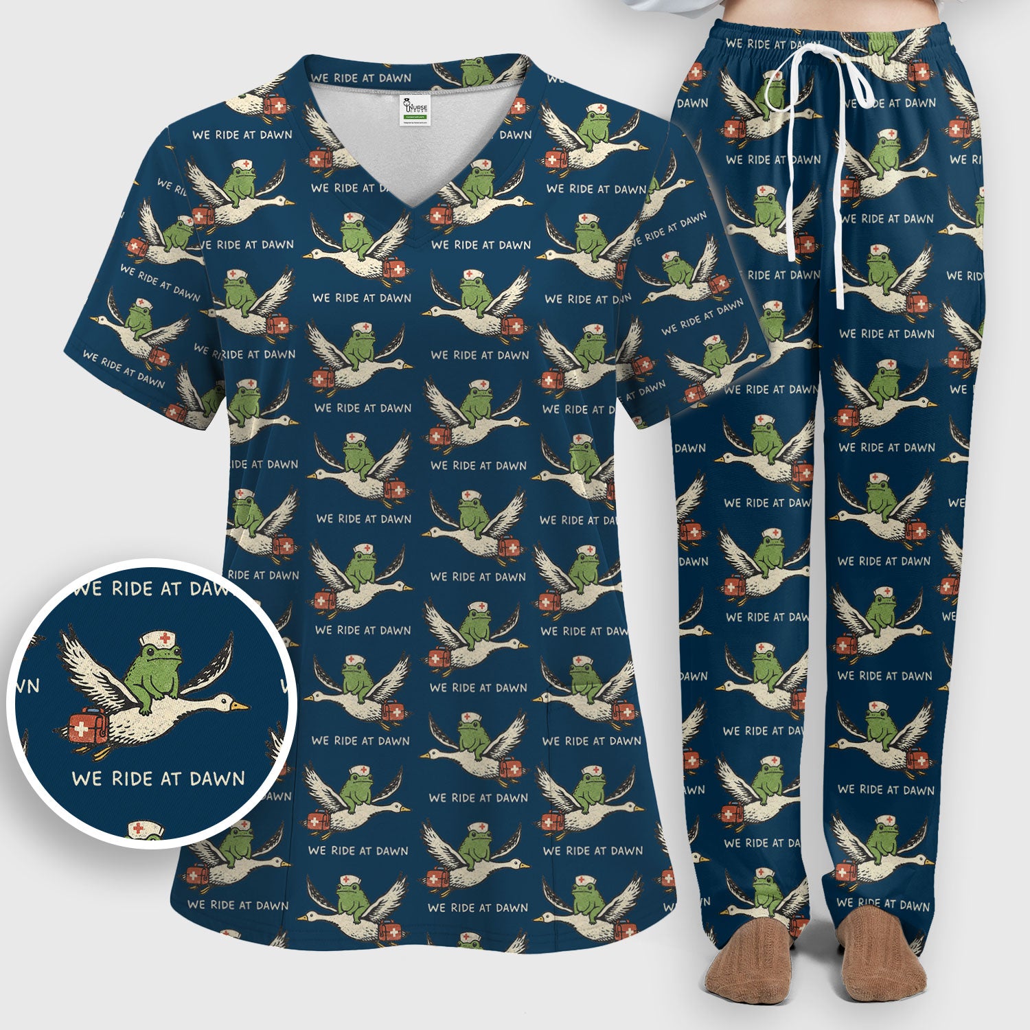 Funny Frog Riding Goose Nurse Pattern Scrub Set, Nurse Uniform Scrubs Set
