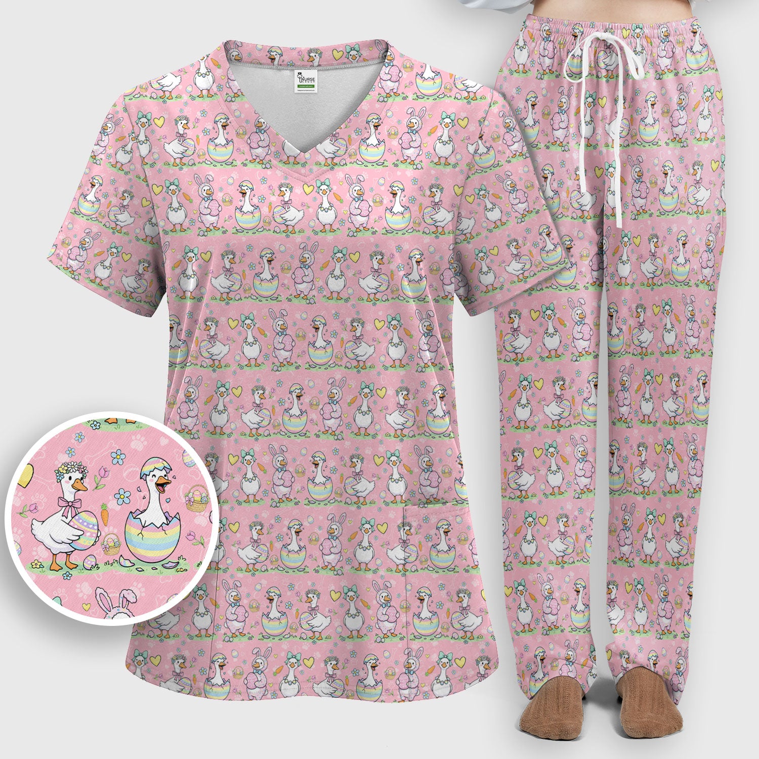 Spring Easter Goose and Bunny Print Scrub Set, Breathable Med Uniform
