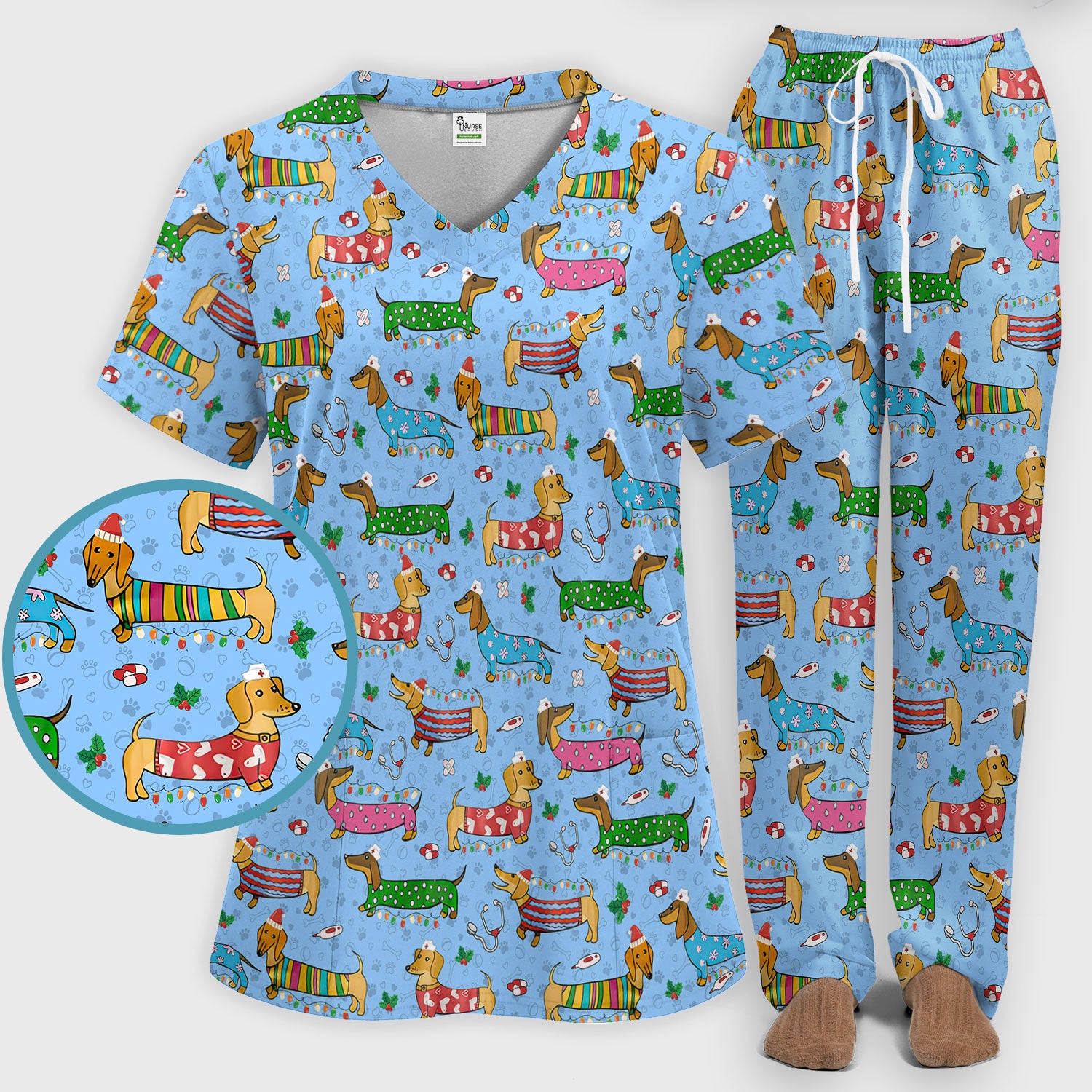 Christmas Dachshund Scrub Set for Nurses - Cute Wiener Dog in Holiday Outfit - Funny Medical Uniform Gift for Women RN LPN CNA