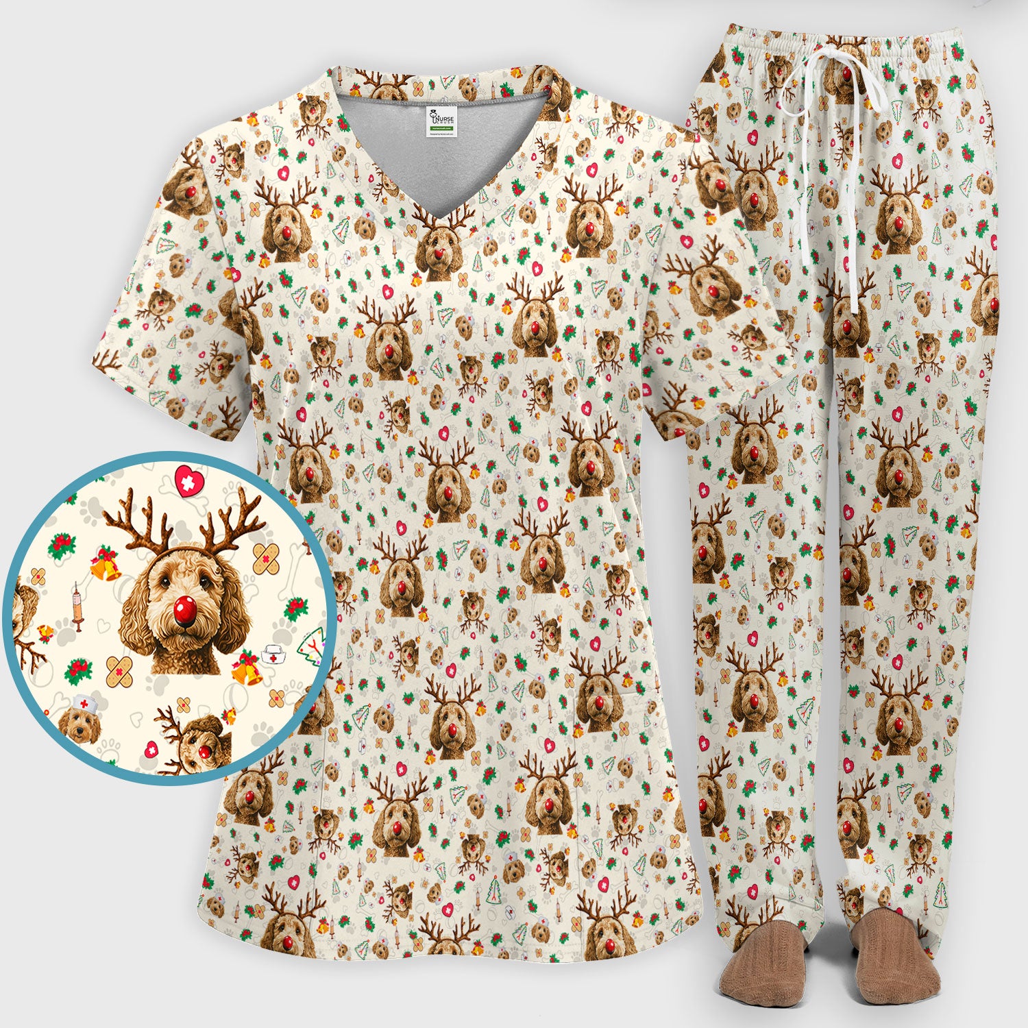Christmas Labradoodle Scrub Set - Funny Reindeer Dog Nurse Pants and V Neck Top - Cute Holiday Medical Uniform
