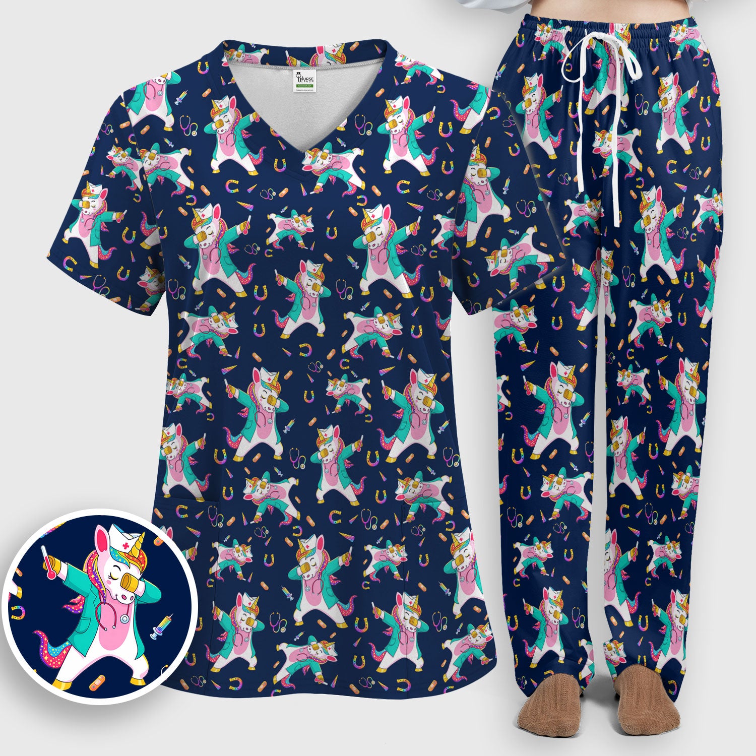 Cute Unicorn Nurse Dance Pattern Women's Sets, Scrub Pants and V Neck Top
