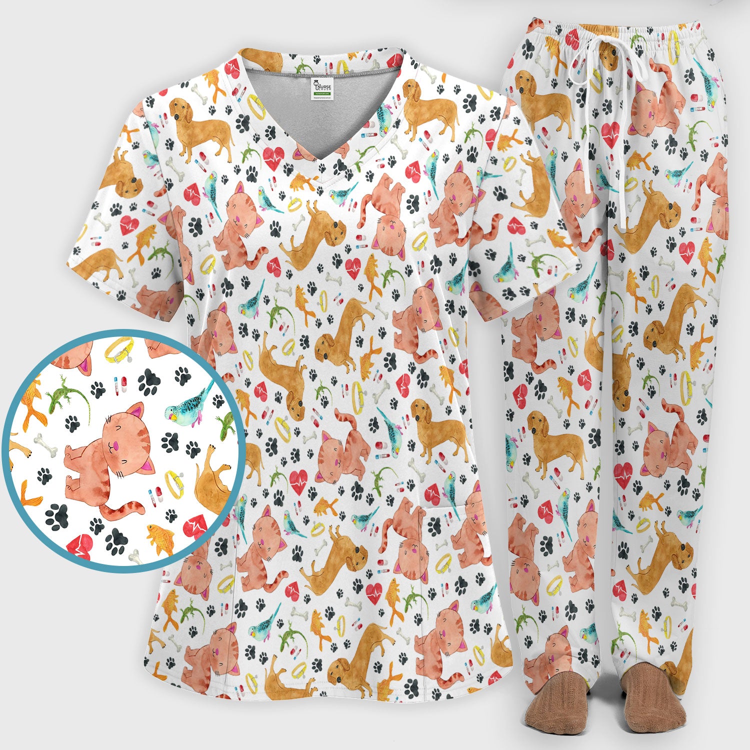 Cat Dog Veterinary Scrub Set - Cute Animal Paw Print Medical Pants and V Neck Top for Women RN CNA Vet Tech