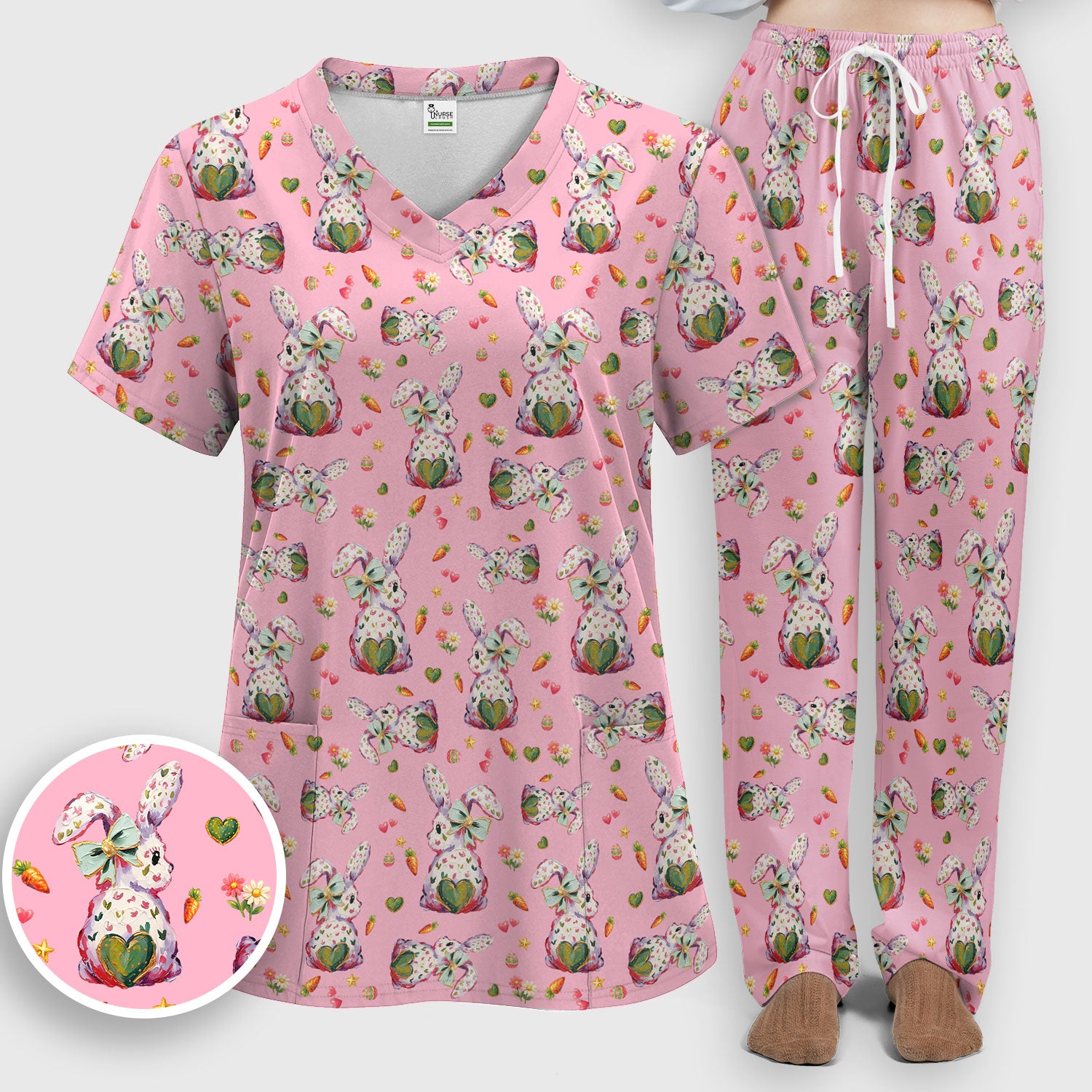 Cute Pastel Bunny Easter Pattern Scrub Set, Scrub Pants and V Neck Top