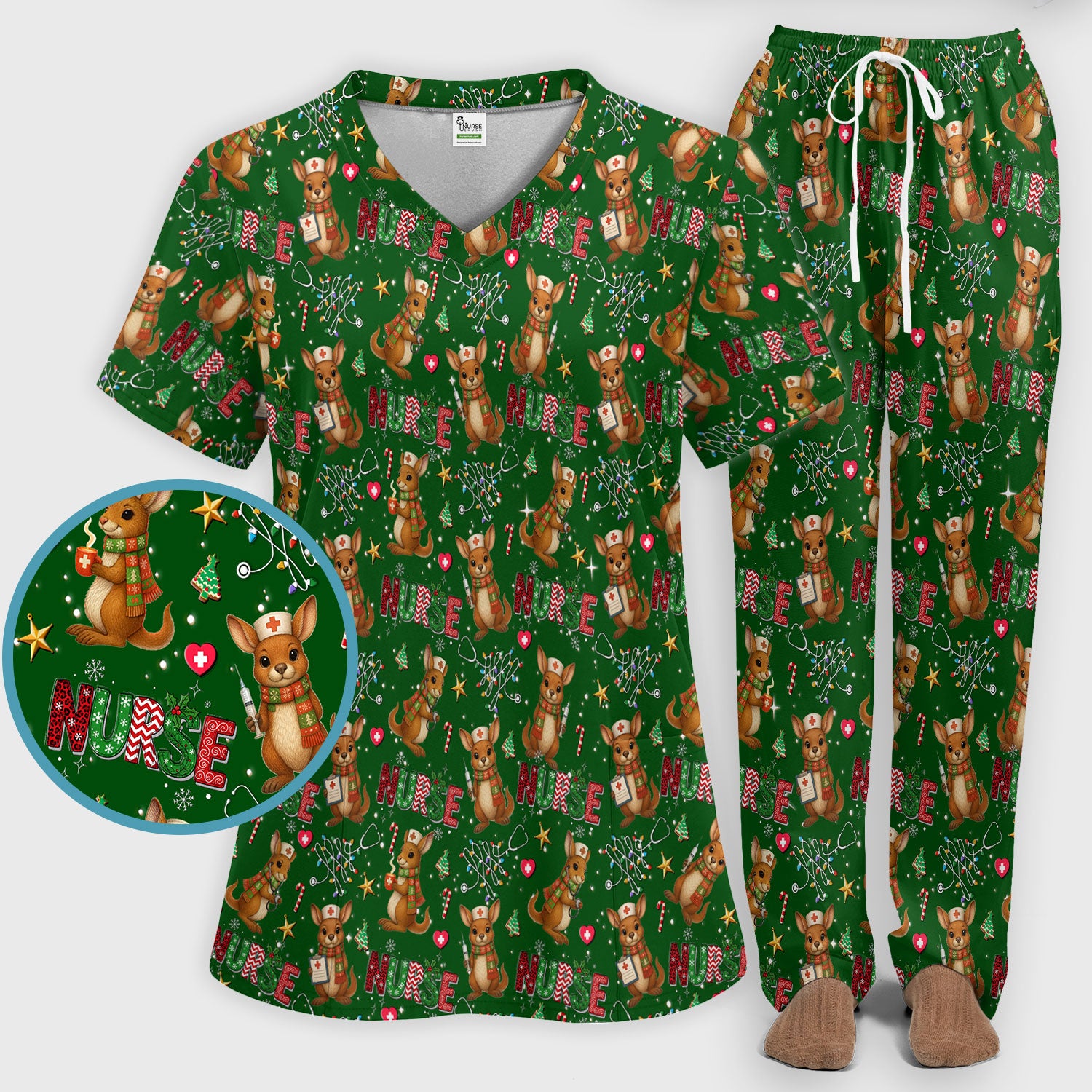 Christmas Kangaroo Nurse Scrub Set - Cute Aussie Holiday Medical Uniform - Funny Xmas Gift for Women